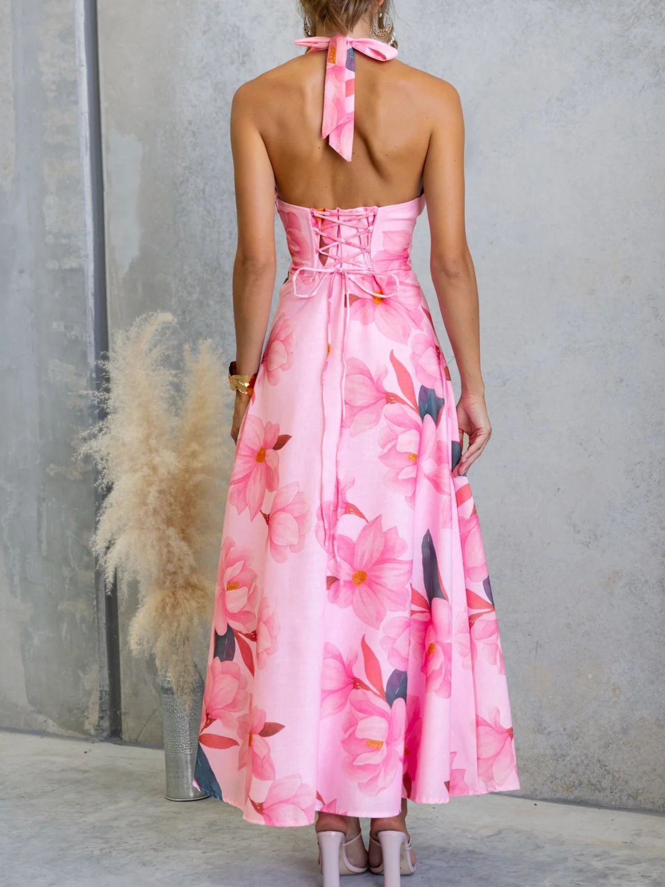 Floral Print Halter Neck Maxi Dress