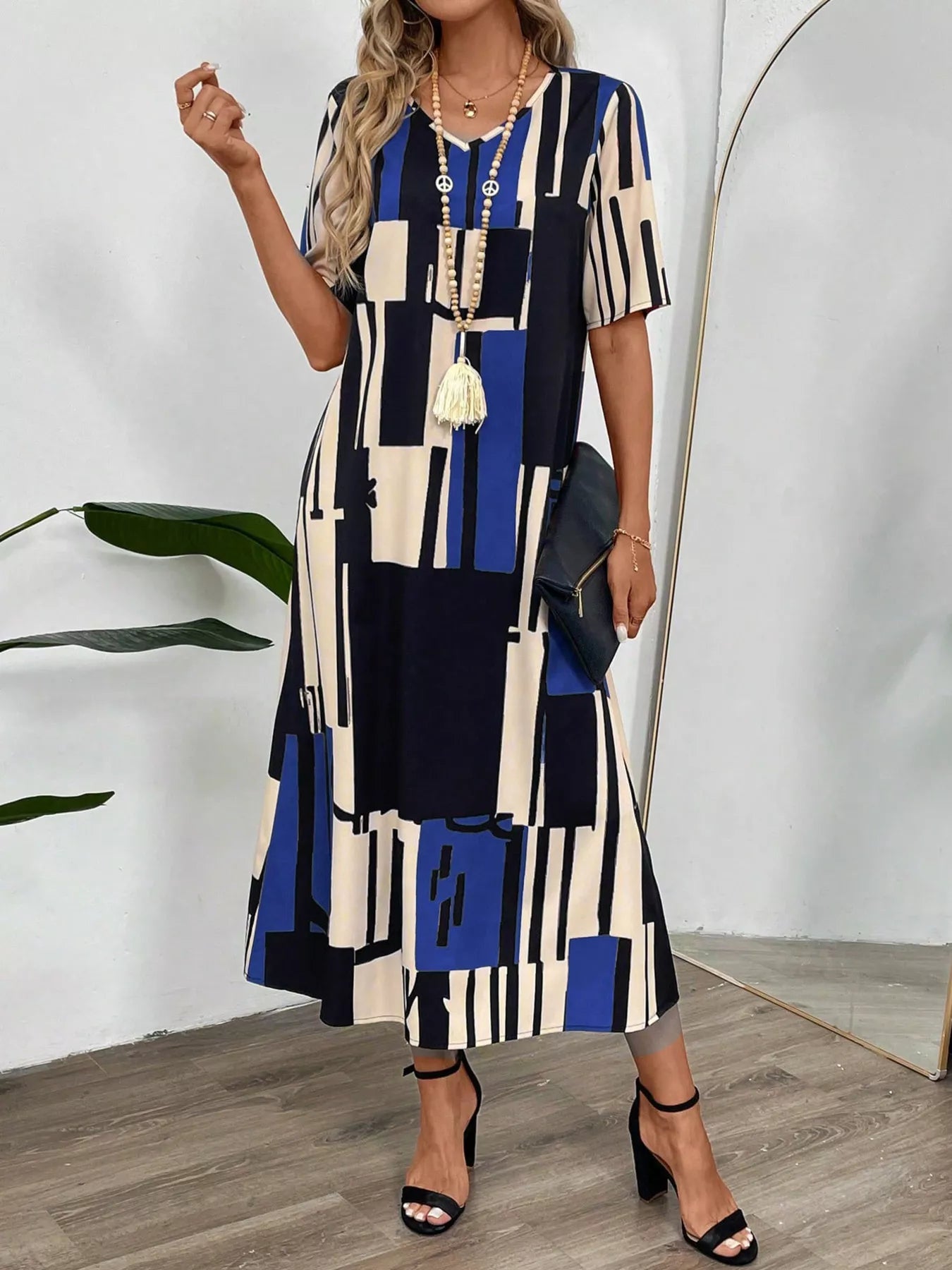 Abstract Geometric Print V-Neck Midi Dress