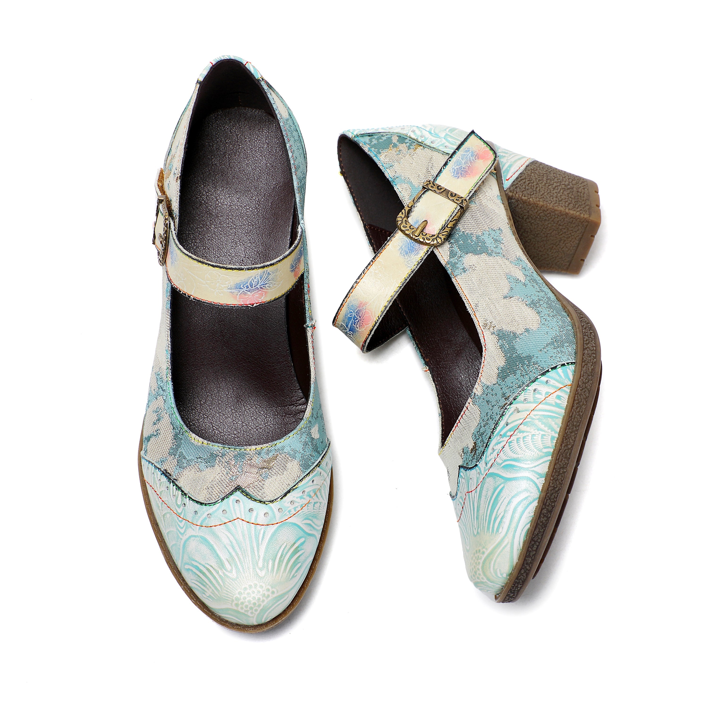 Lady's Heels Handmade Shoes Wedding Party Elegant Vintage Leather Buckle Light Blue Pumps
