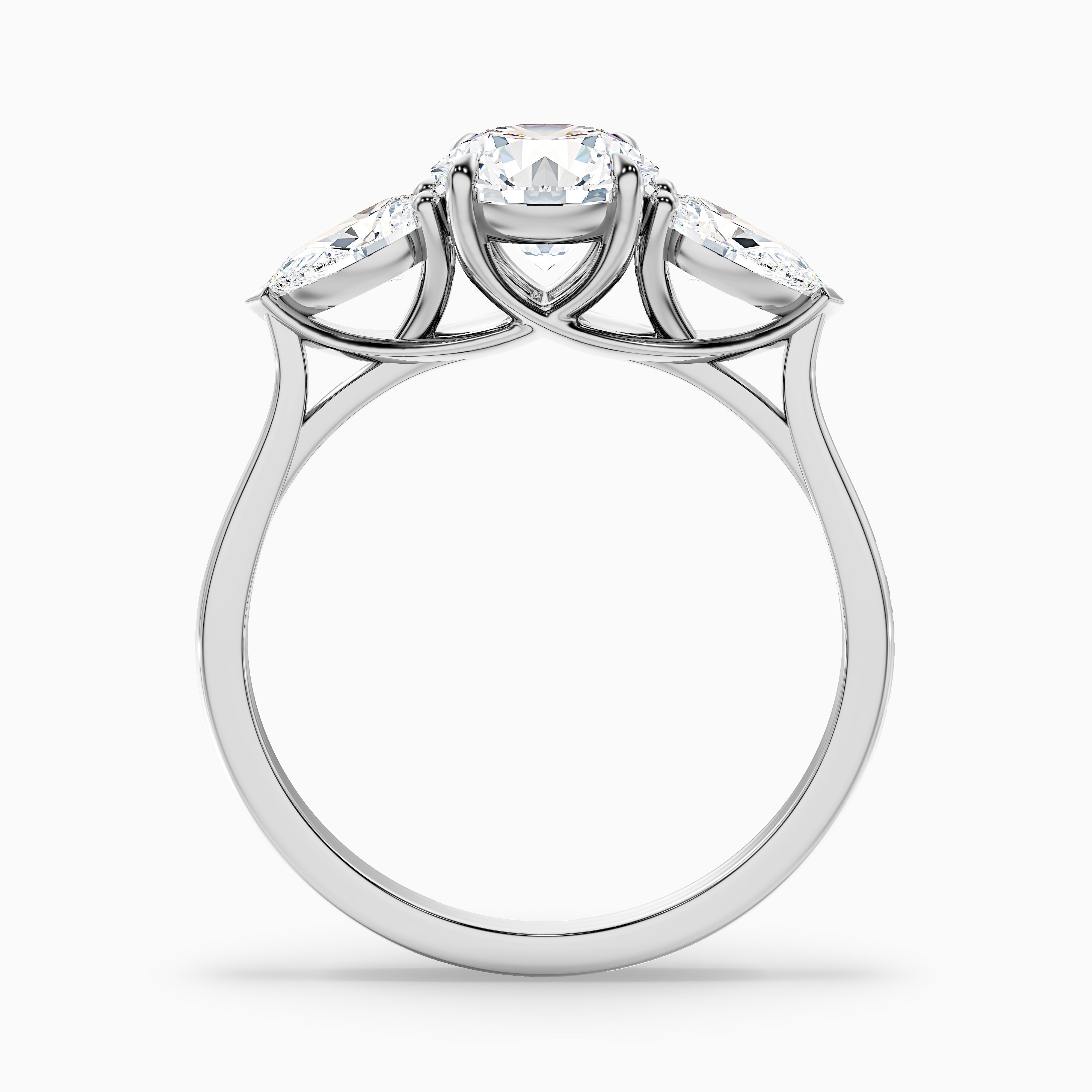 Amaya 2.5 Carat Round 3 Stone Moissanite Diamond Ring With Pear Side Stone in 18k White Gold