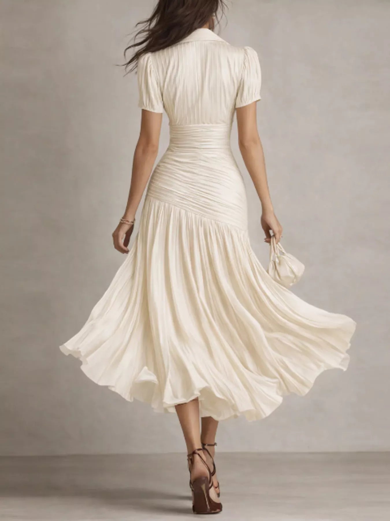 Ruched Pleated Short Sleeve Midi Dress