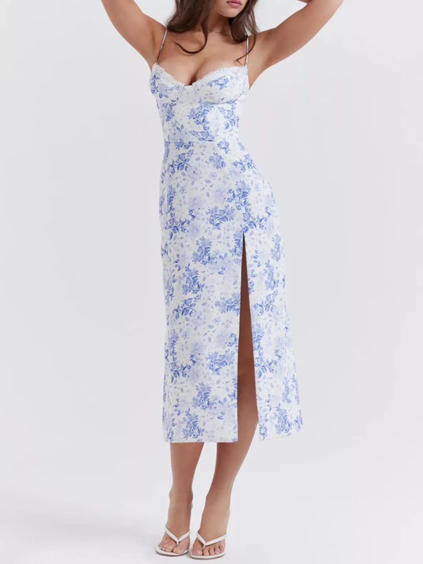 Floral Print Lace Trim Slit Midi Dress