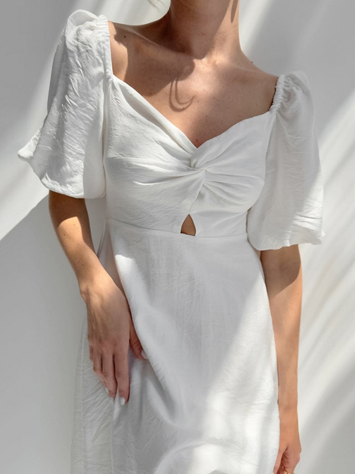 Twisted Front Puff Sleeve Midi Dress
