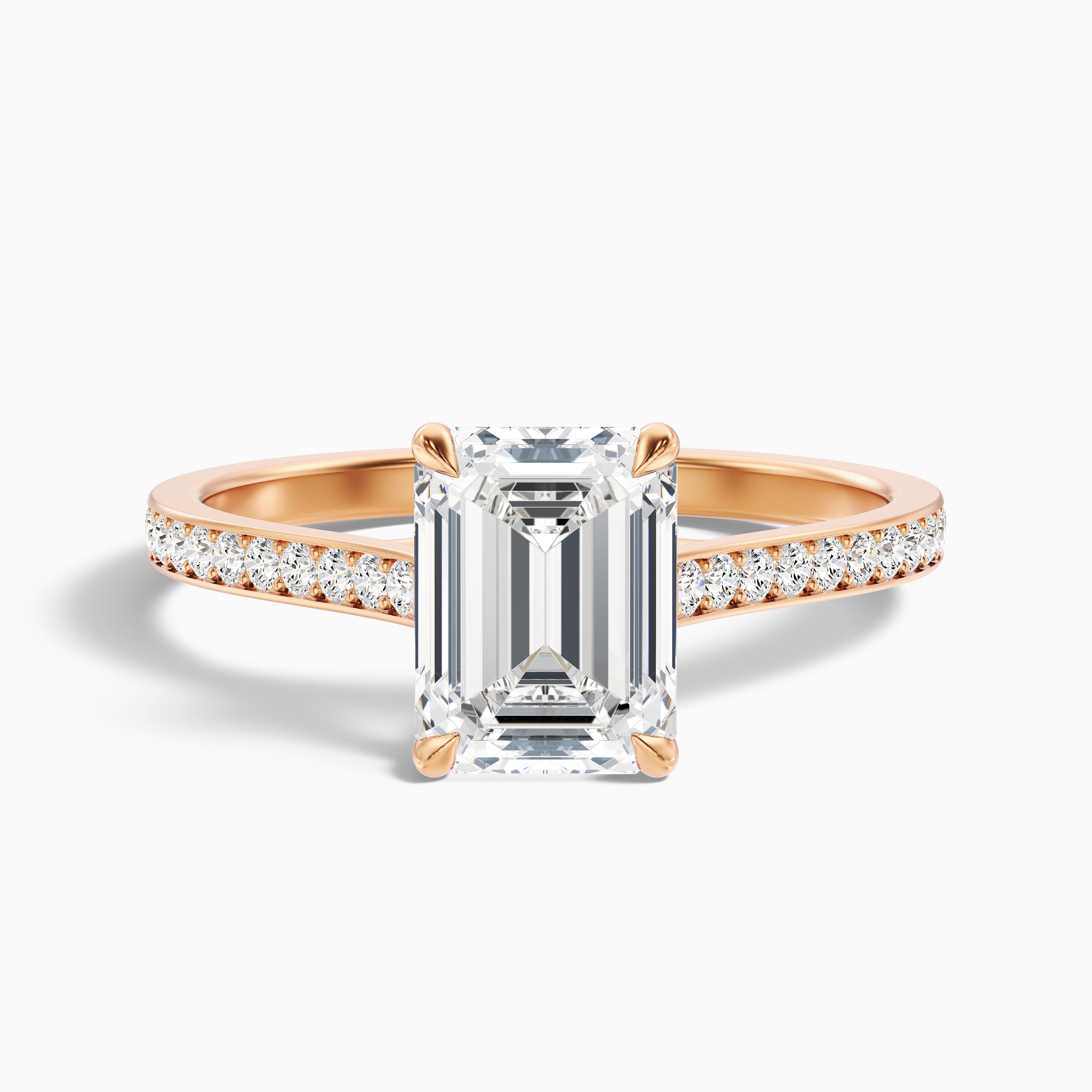 Enni 4 Carat Emerald Cut Side Stone Pave Moissanite Diamond Ring in 18k Rose Gold