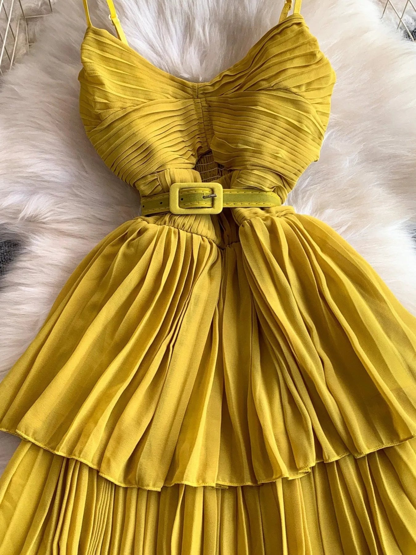 Pleated Layered Spaghetti Strap Midi Dress
