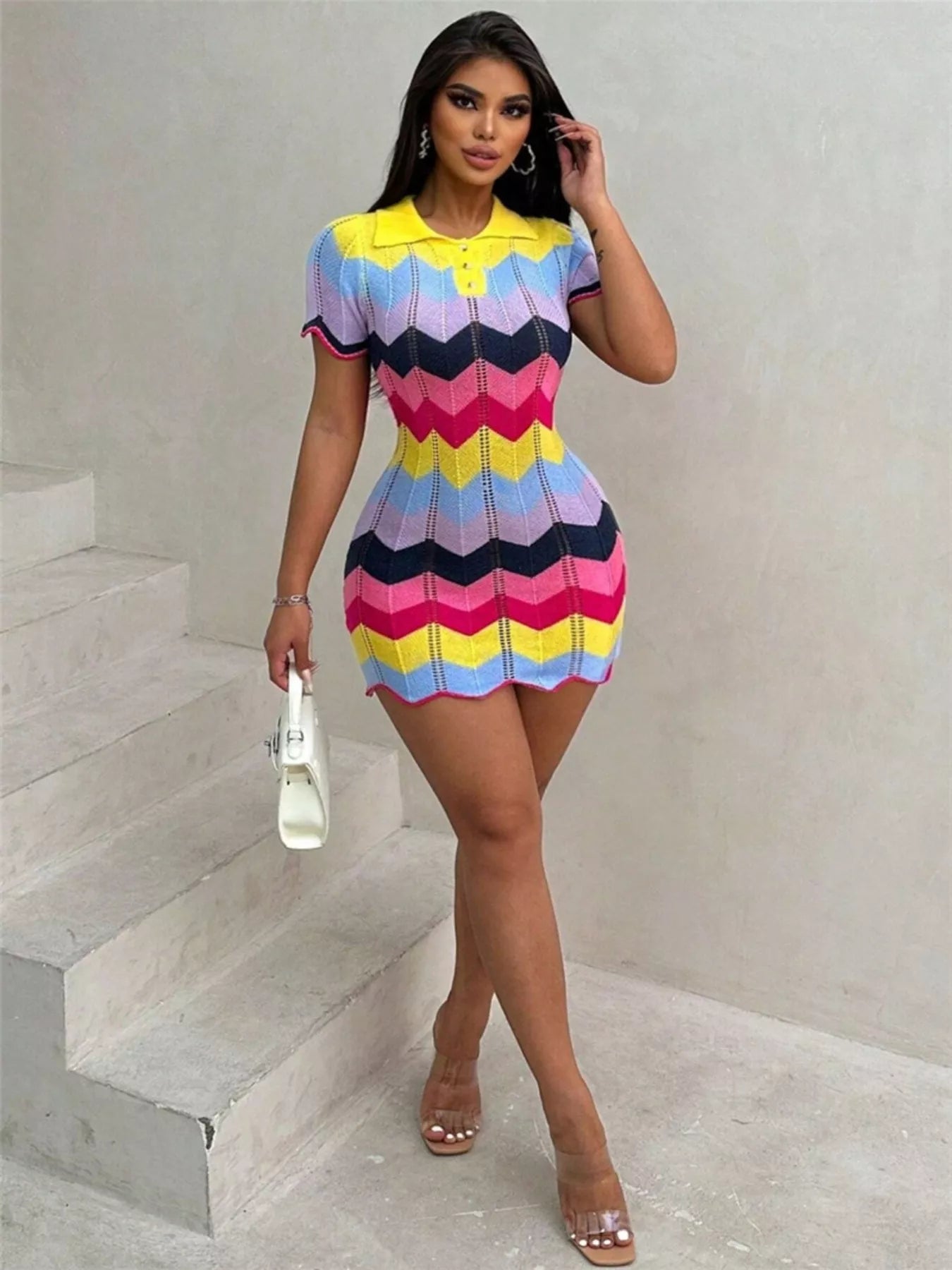 Chevron Knit Short Sleeve Sweater Dress