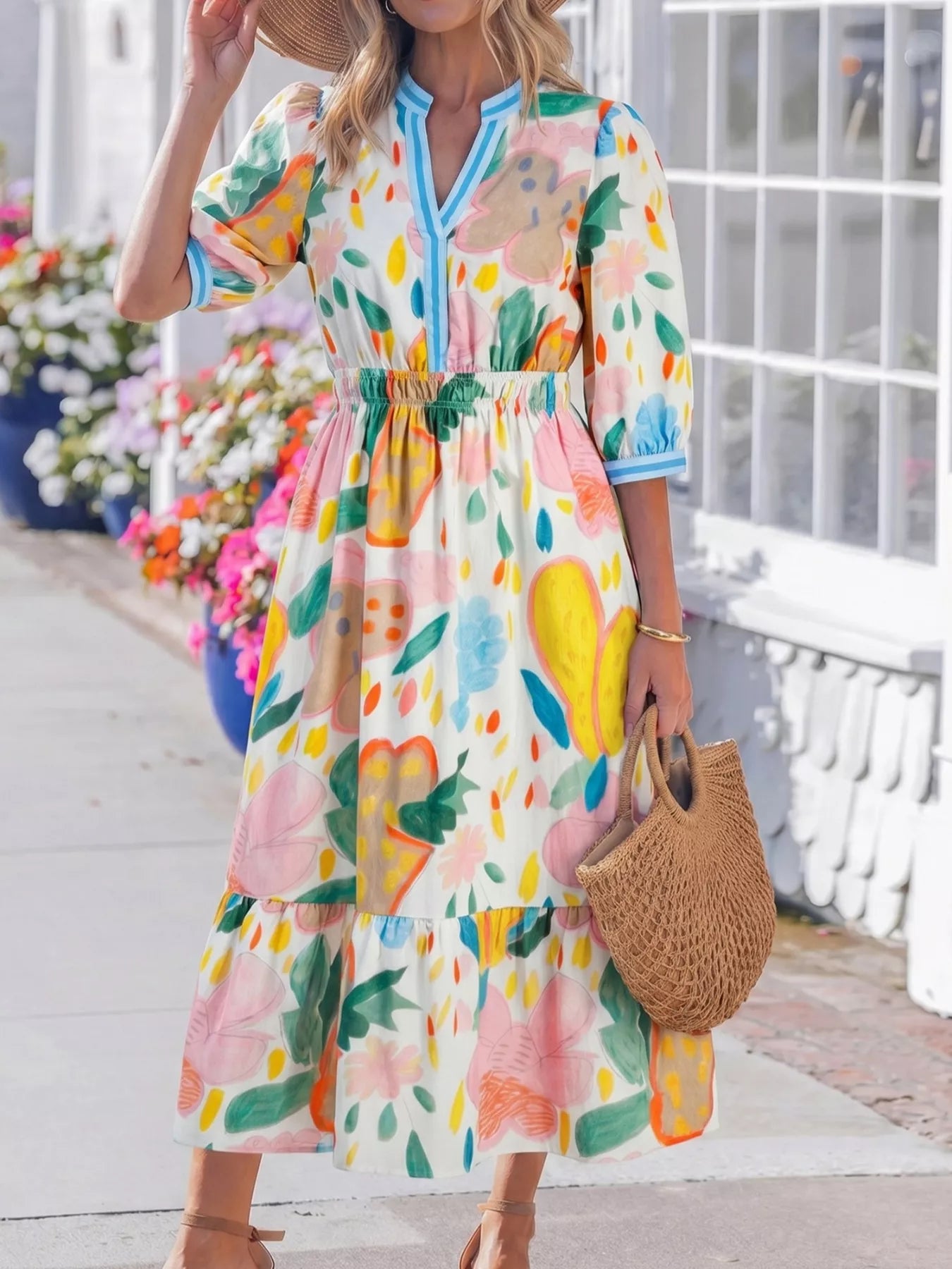 Multicolour Floral Doodle Print Striped Trim V Neck Midi Dress
