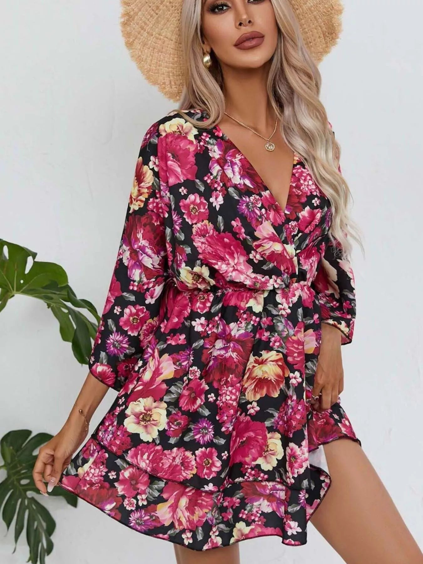 Floral Print Layered Ruffle Hem Mini Dress
