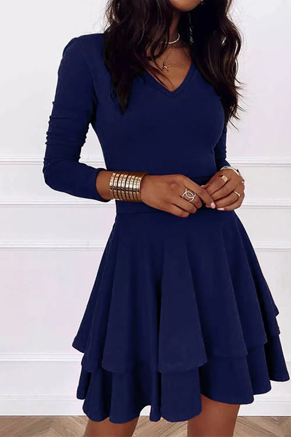 Layered Long Sleeve V-Neck Mini Dress