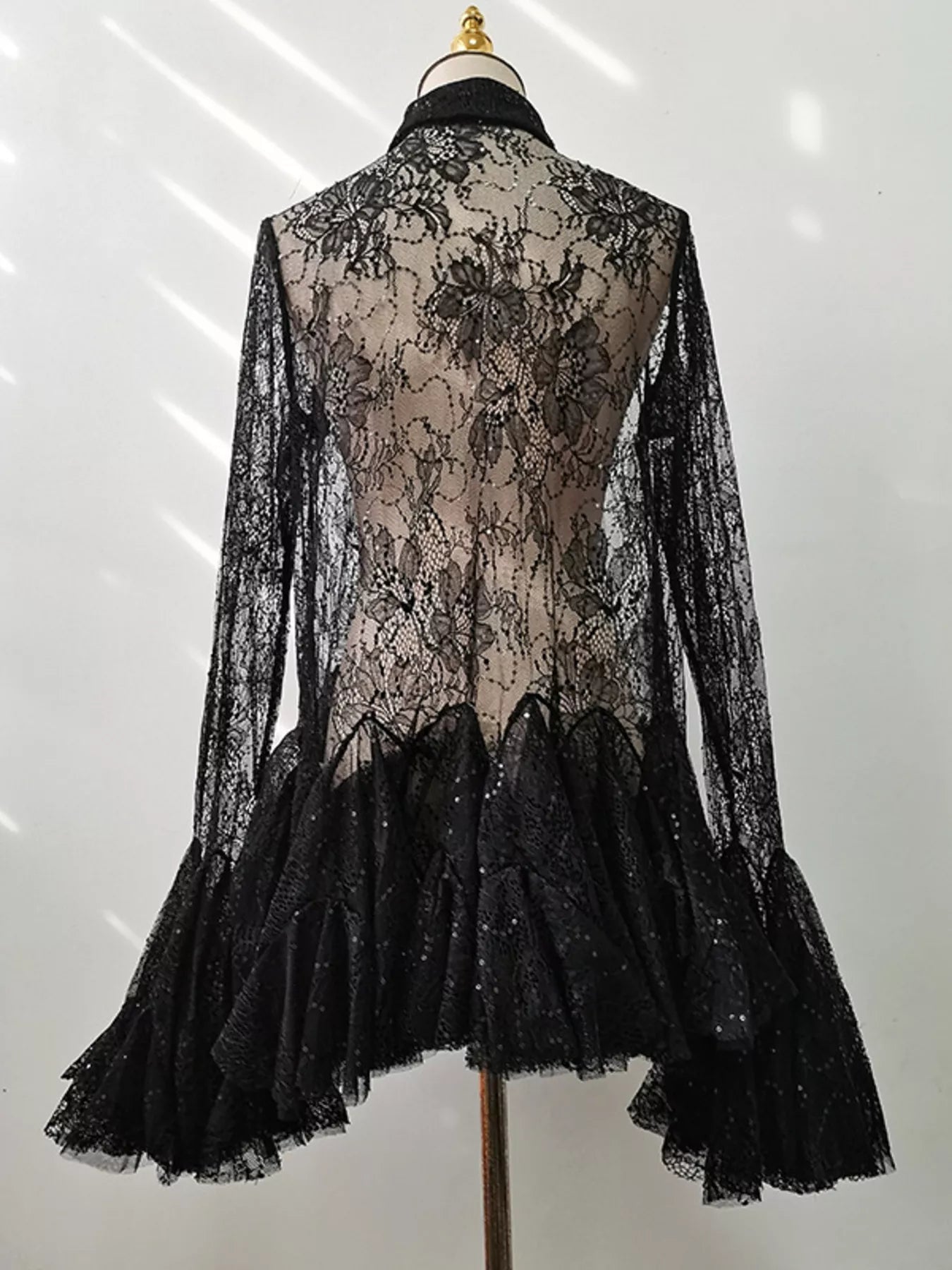 Ruffled Hem Lace Long Sleeve Dress