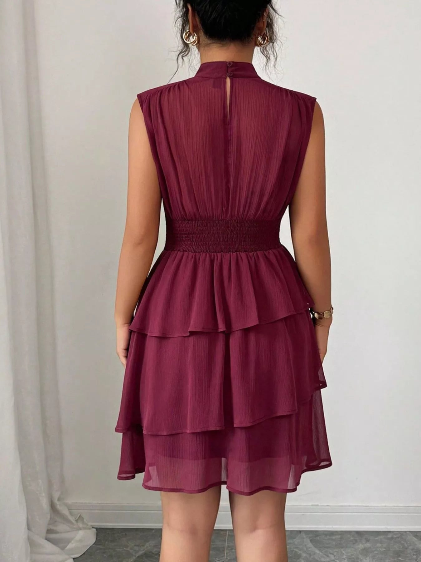Sleeveless Mock Neck Layered Ruffle Dress