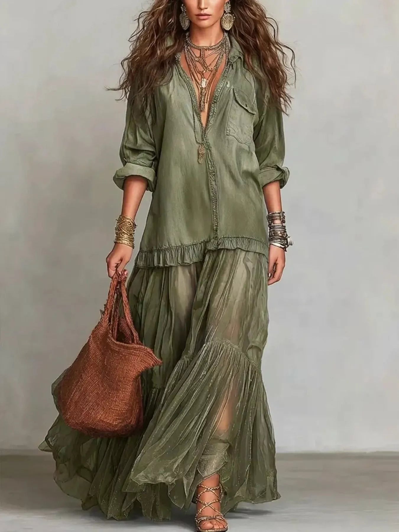 Long Sleeve Sheer Ruffle Maxi Dress