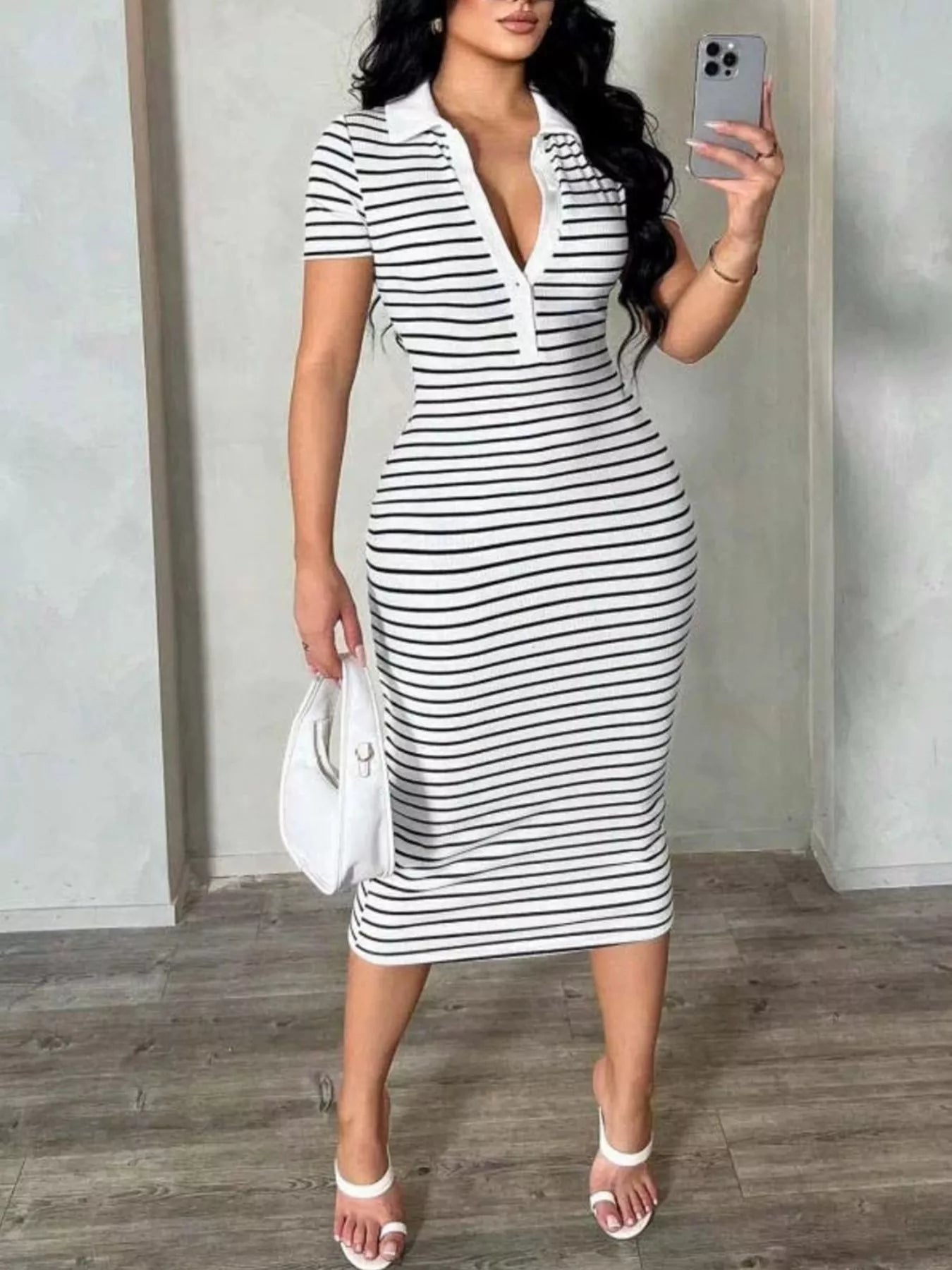 Striped Polo Collar Midi Dress