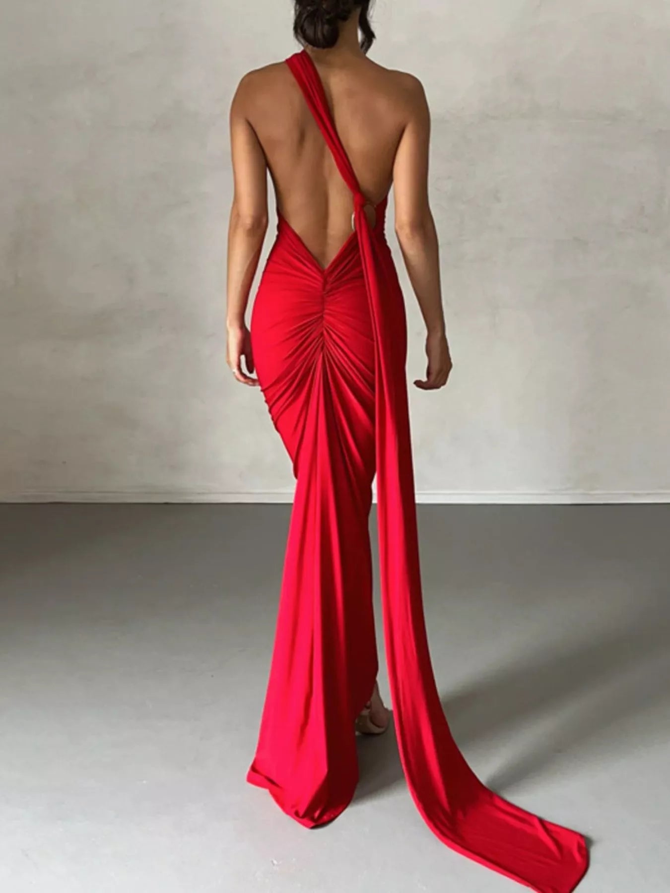 Backless One-Shoulder Ruched Bodycon Maxi Dress