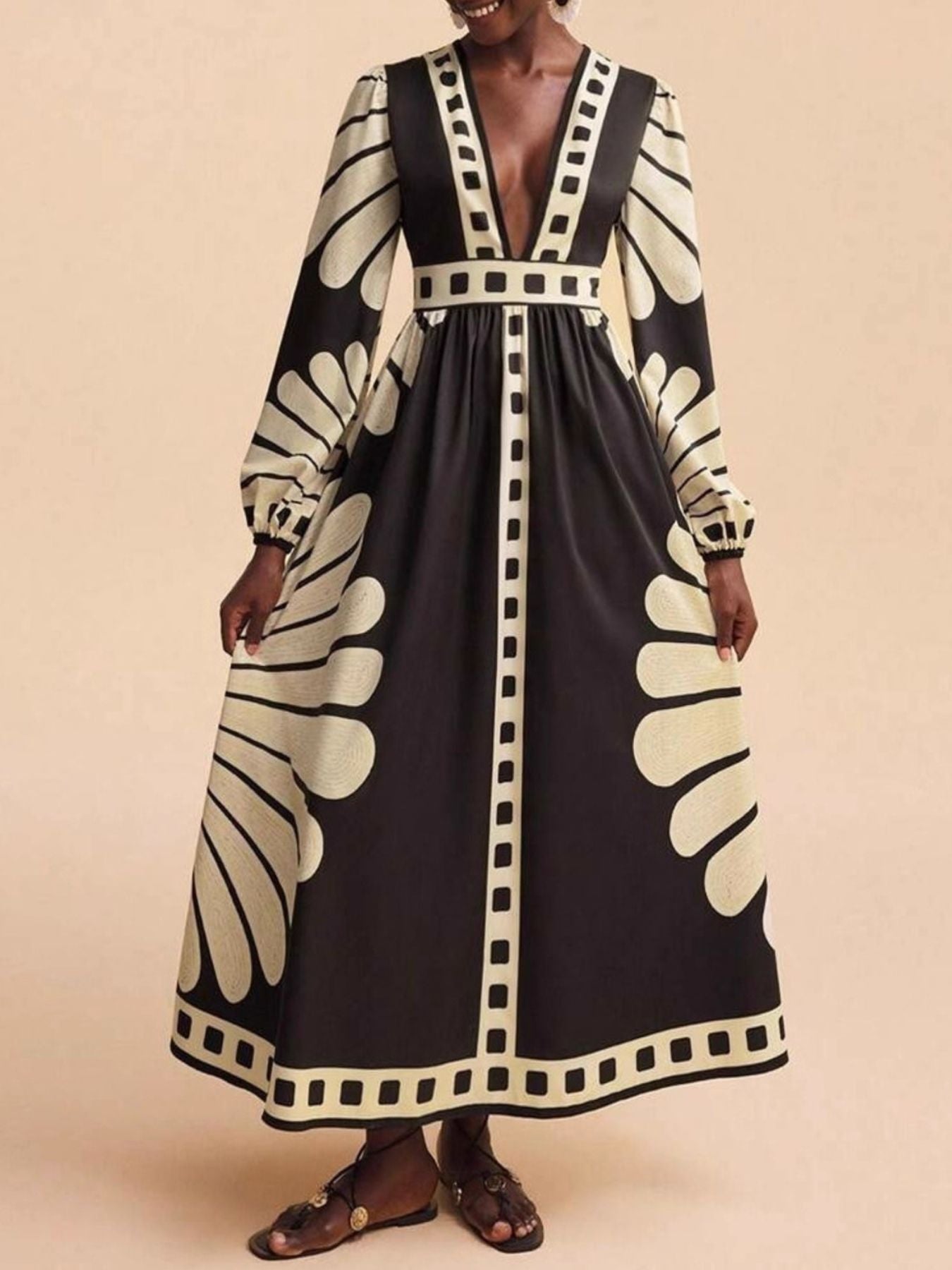 Printed Deep V-Neck Long Sleeve Dress
