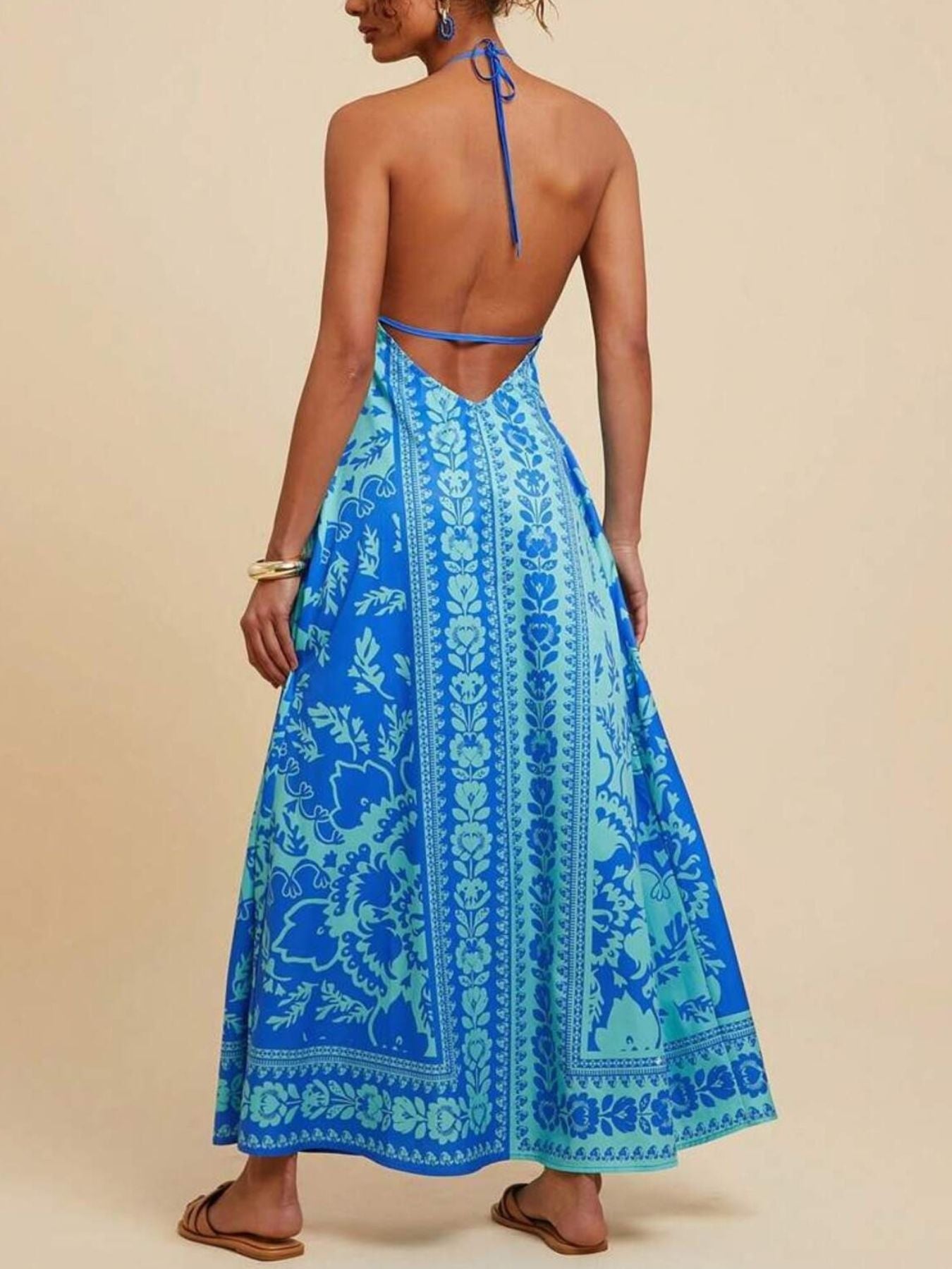 Bohemian Floral Print Halter Maxi Dress