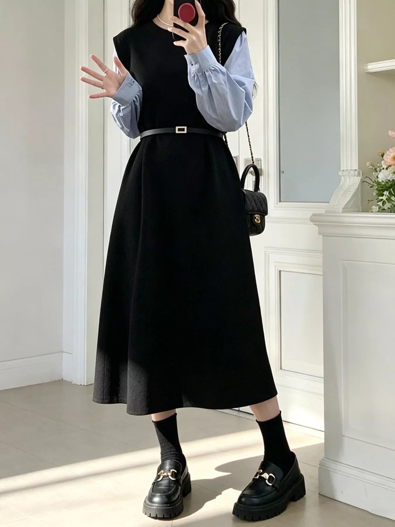Contrast Sleeve A-Line Dress with Belt