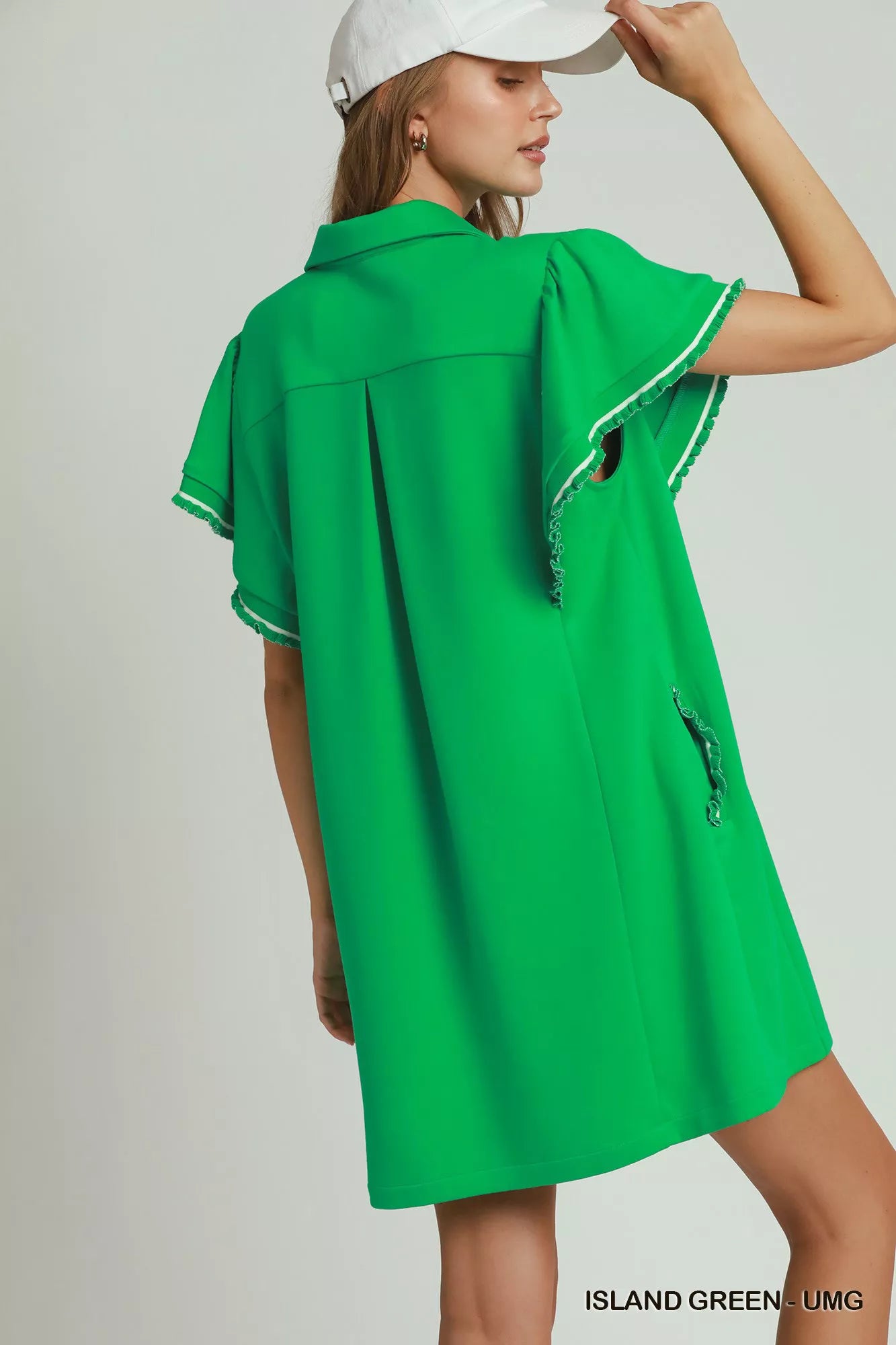Umgee Half Zip Ruffle Rib Band Butterfy Sleeve Mini Dress with Pockets