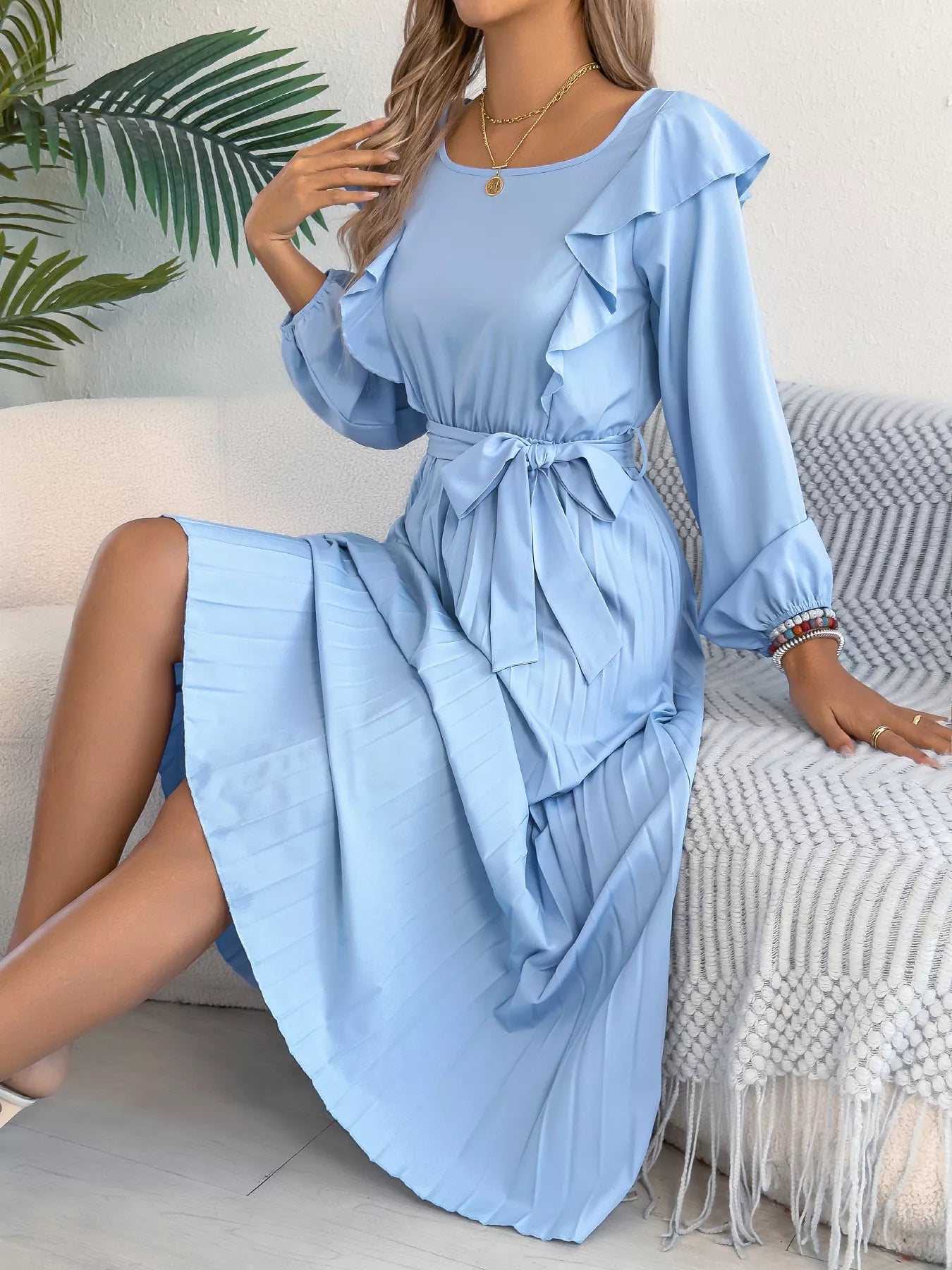 Ruffle Trim Pleated A-Line Midi Dress