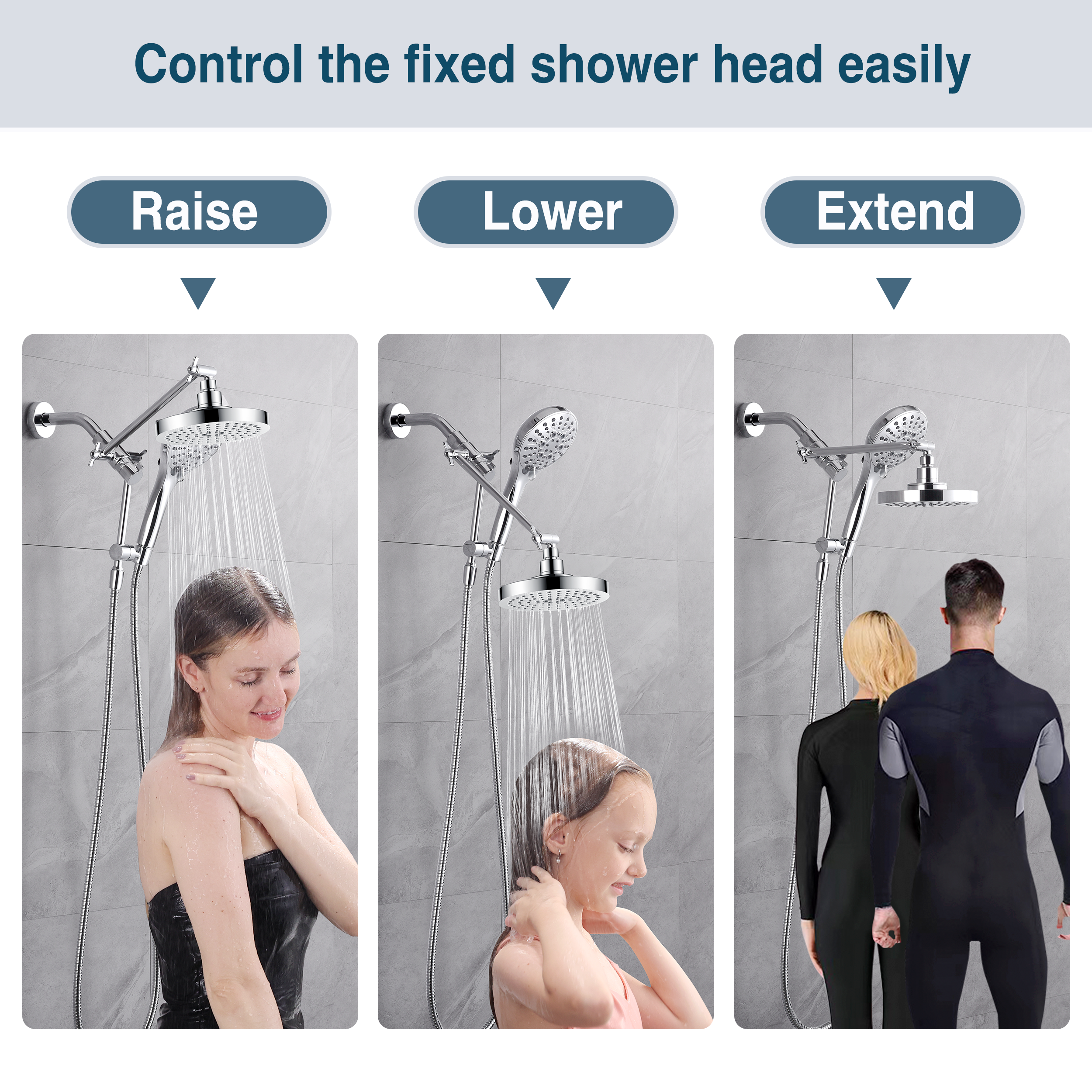 Dual Shower Head with Adjustable Extension Arm, 3-Way Diverter and Hose