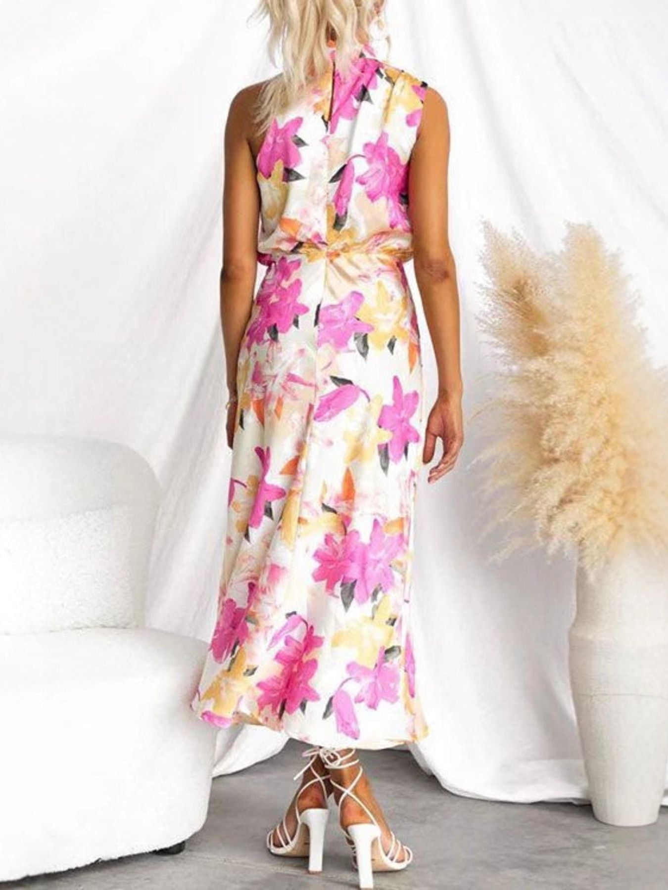Floral Print High Neck Sleeveless Midi Dress