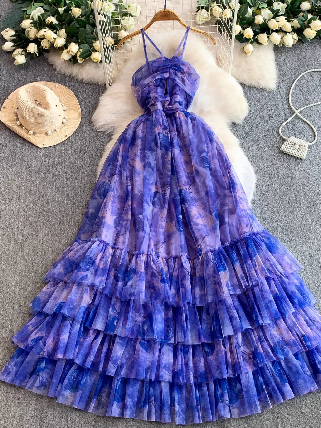 Floral Print Ruffled Layered Mesh Dress
