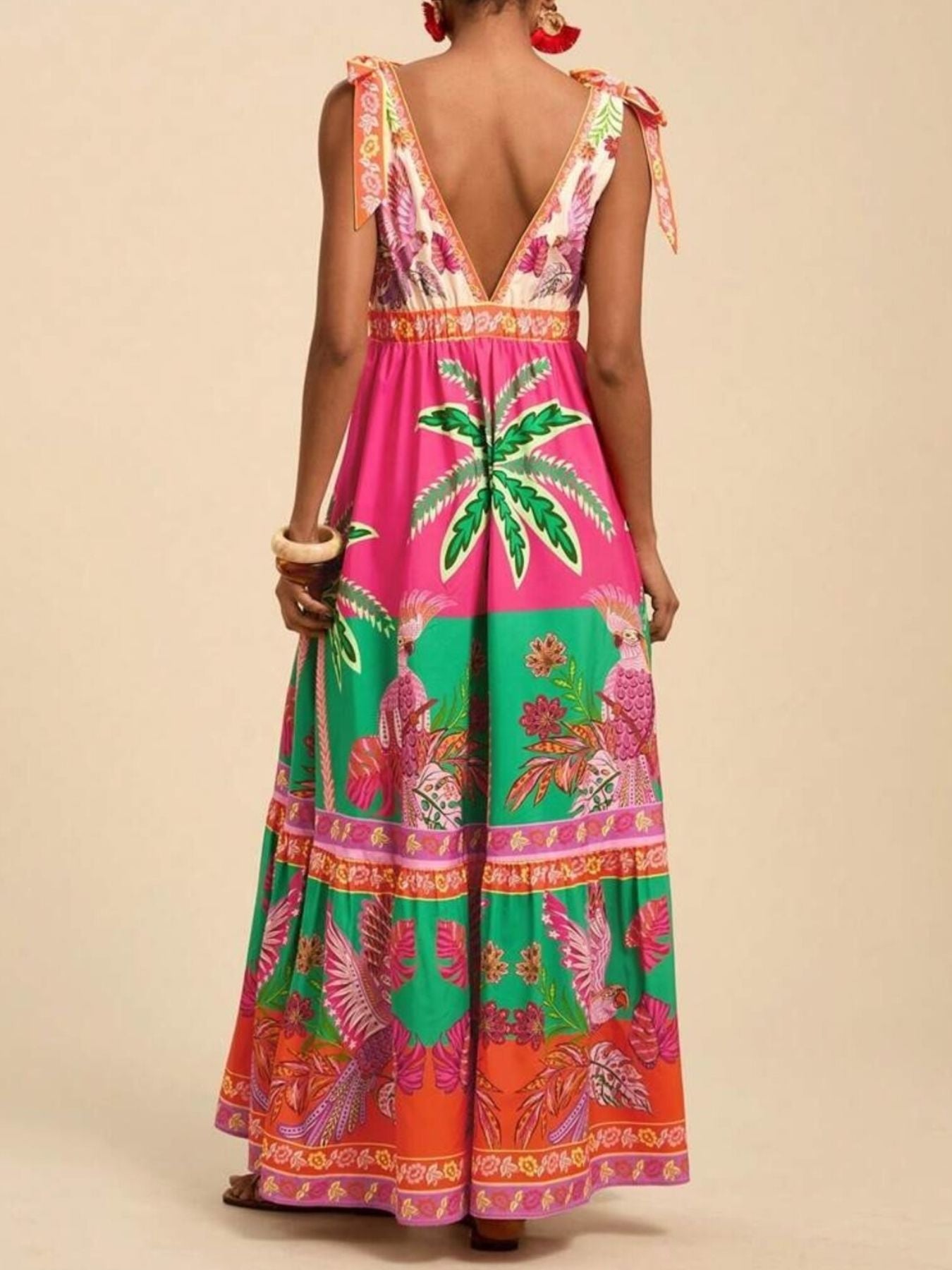 Tropical Print Tie-Shoulder Maxi Dress