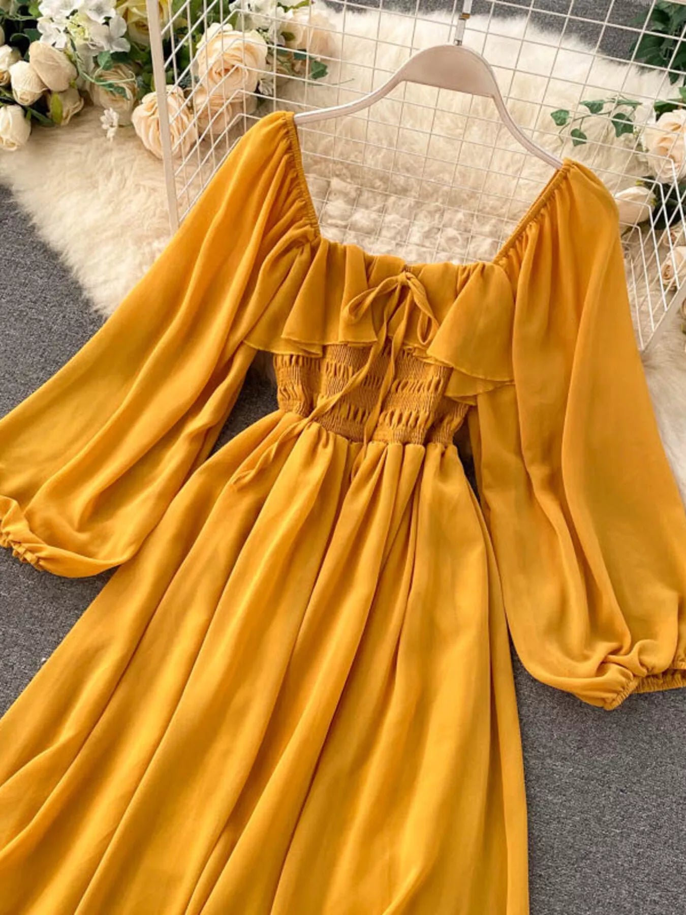 Ruffle Square Neck Balloon Sleeve A-Line Dress
