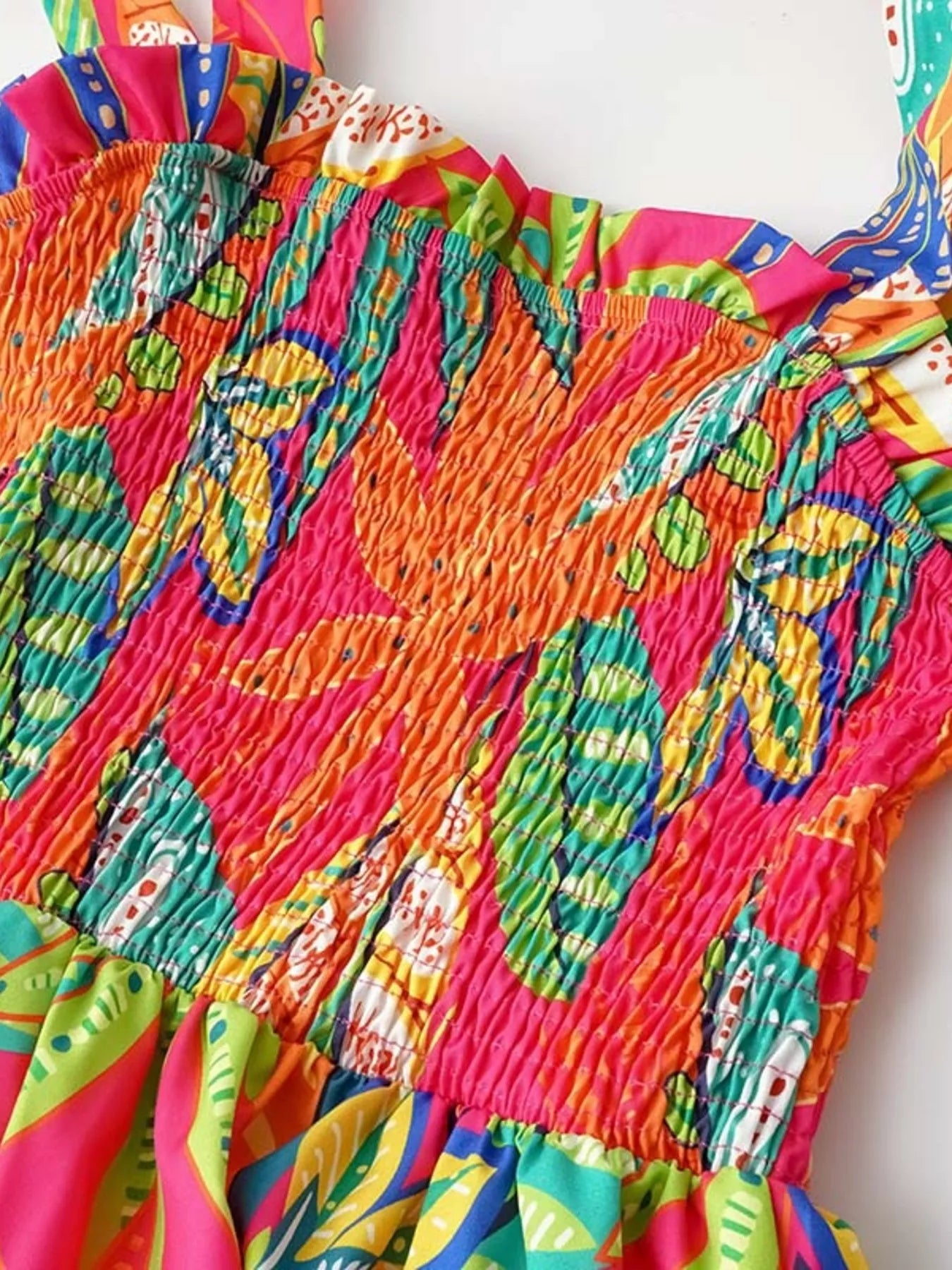 Tropical Print Smocked Tie-Strap Dress