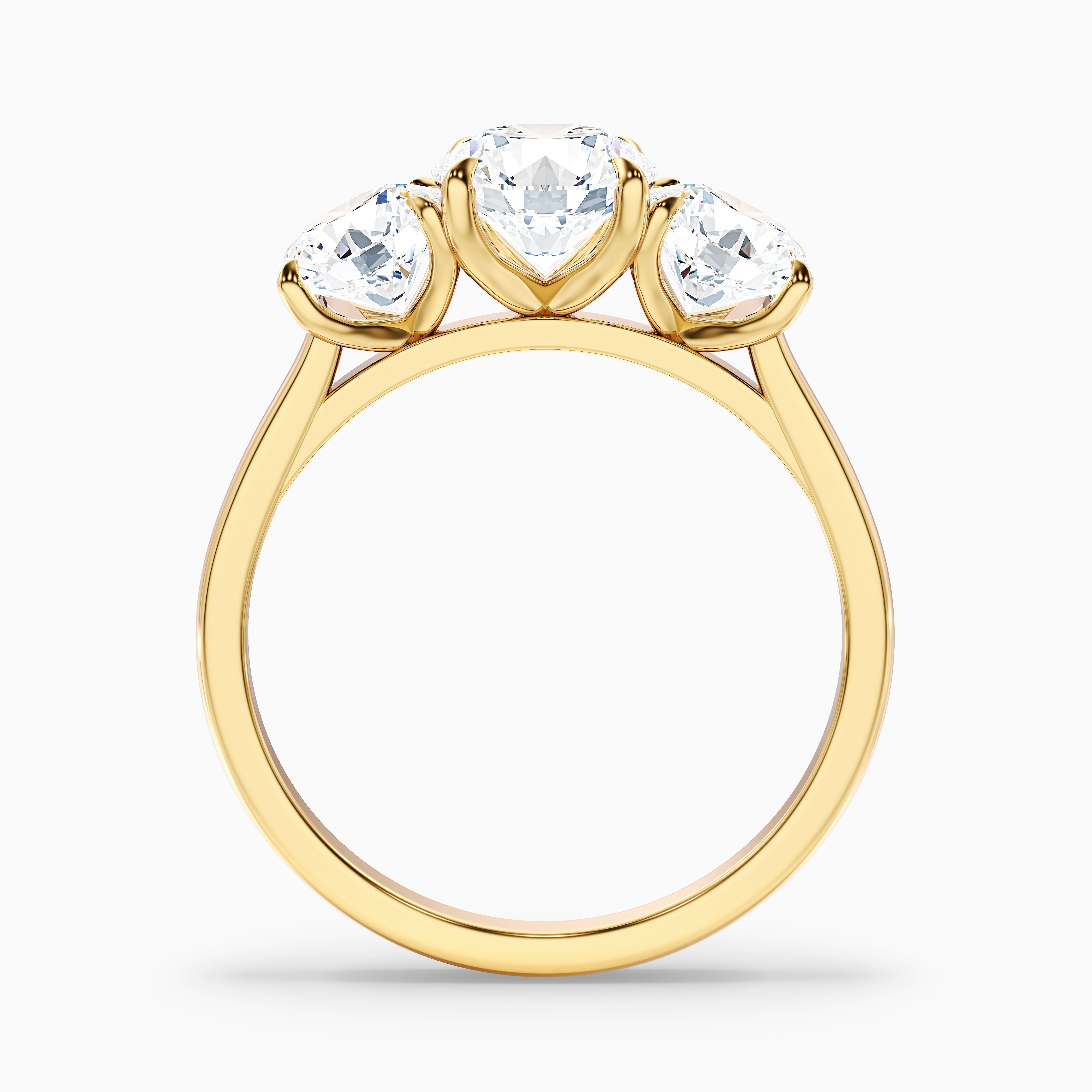 Iris 4 Carat Round Three Stone Moissanite Diamond Ring in 18k Yellow Gold