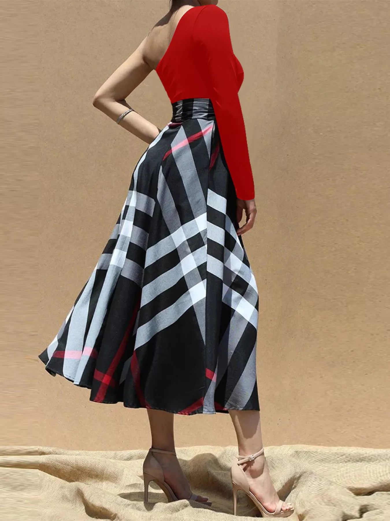 Asymmetrical One-Sleeve Plaid Midi Dress with Waist Tie