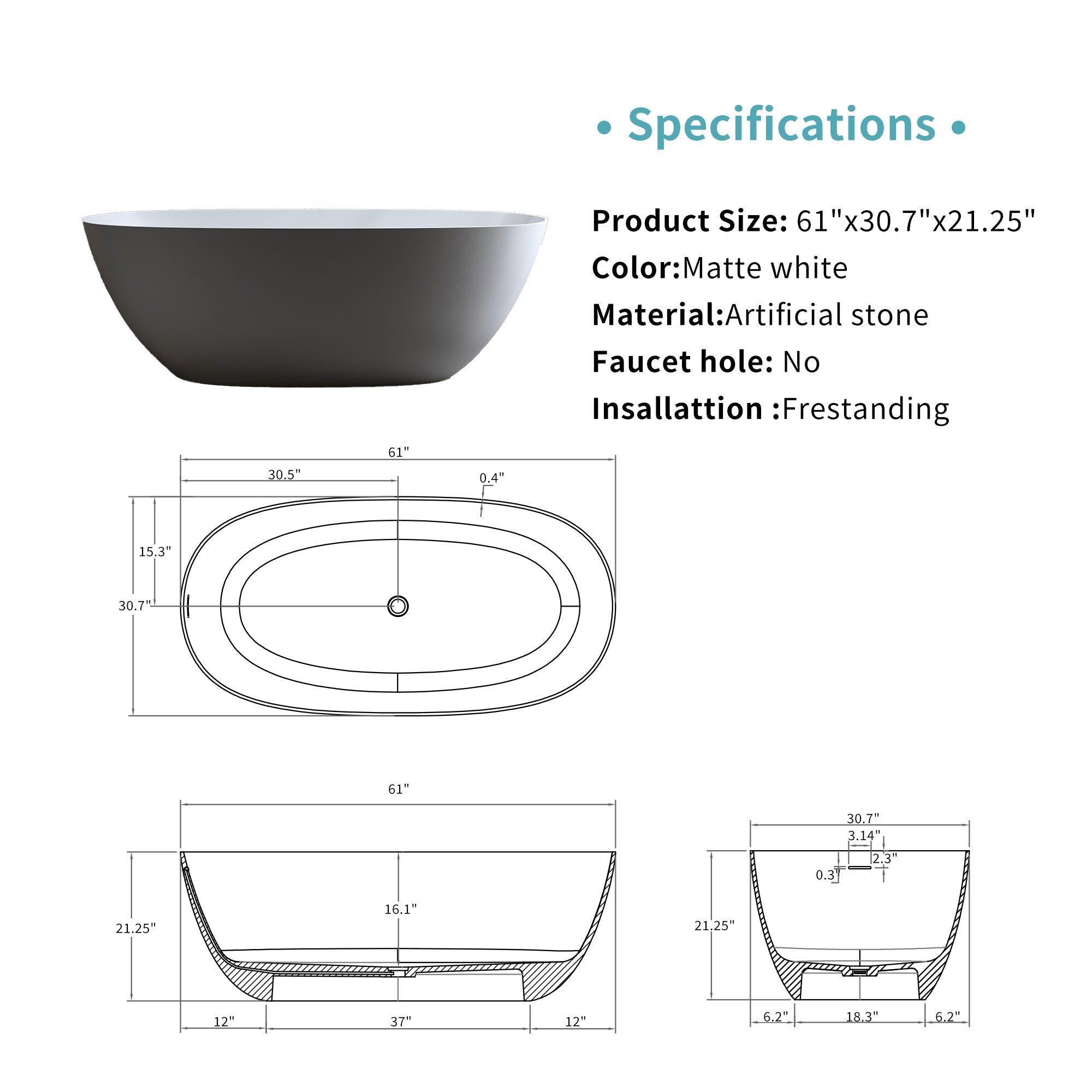 61'' Freestanding Bathtub - Resin Stone Soaking Bathtub