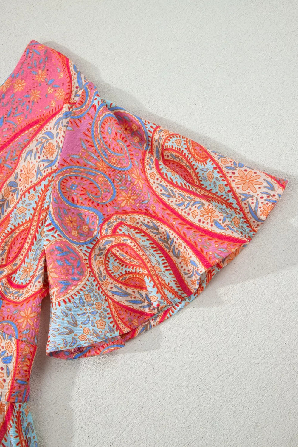 Paisley Print V-Neck Short Sleeve Boho Dress with Ruffle Details