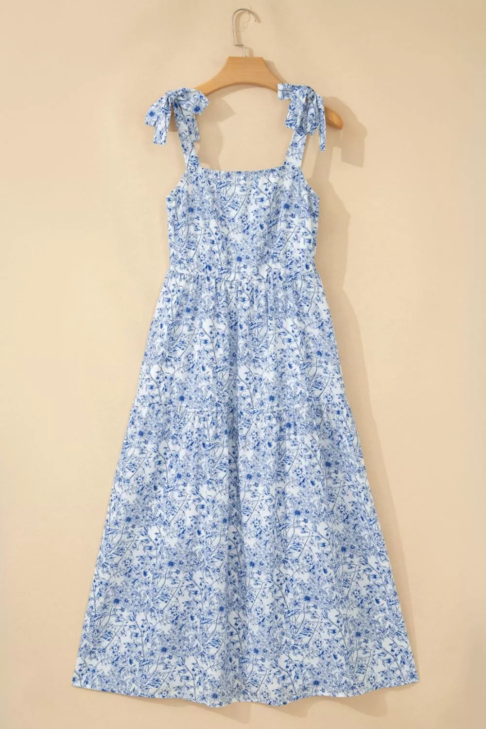 Floral Print Knot Straps High Waist Flared Maxi Dress