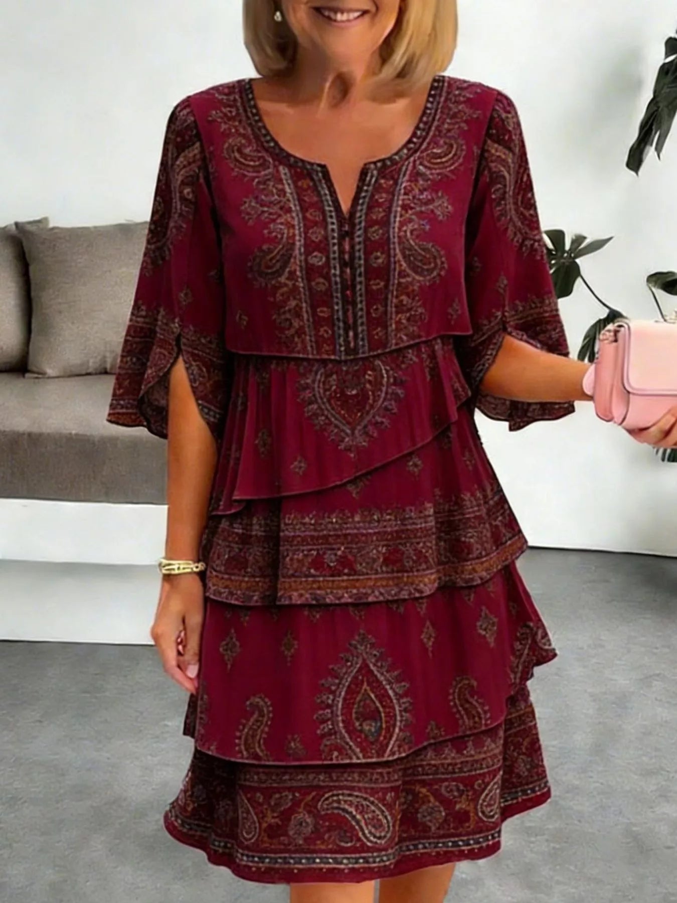 Full Size Paisley Print Layered Ruffle Mini Dress Plus Size