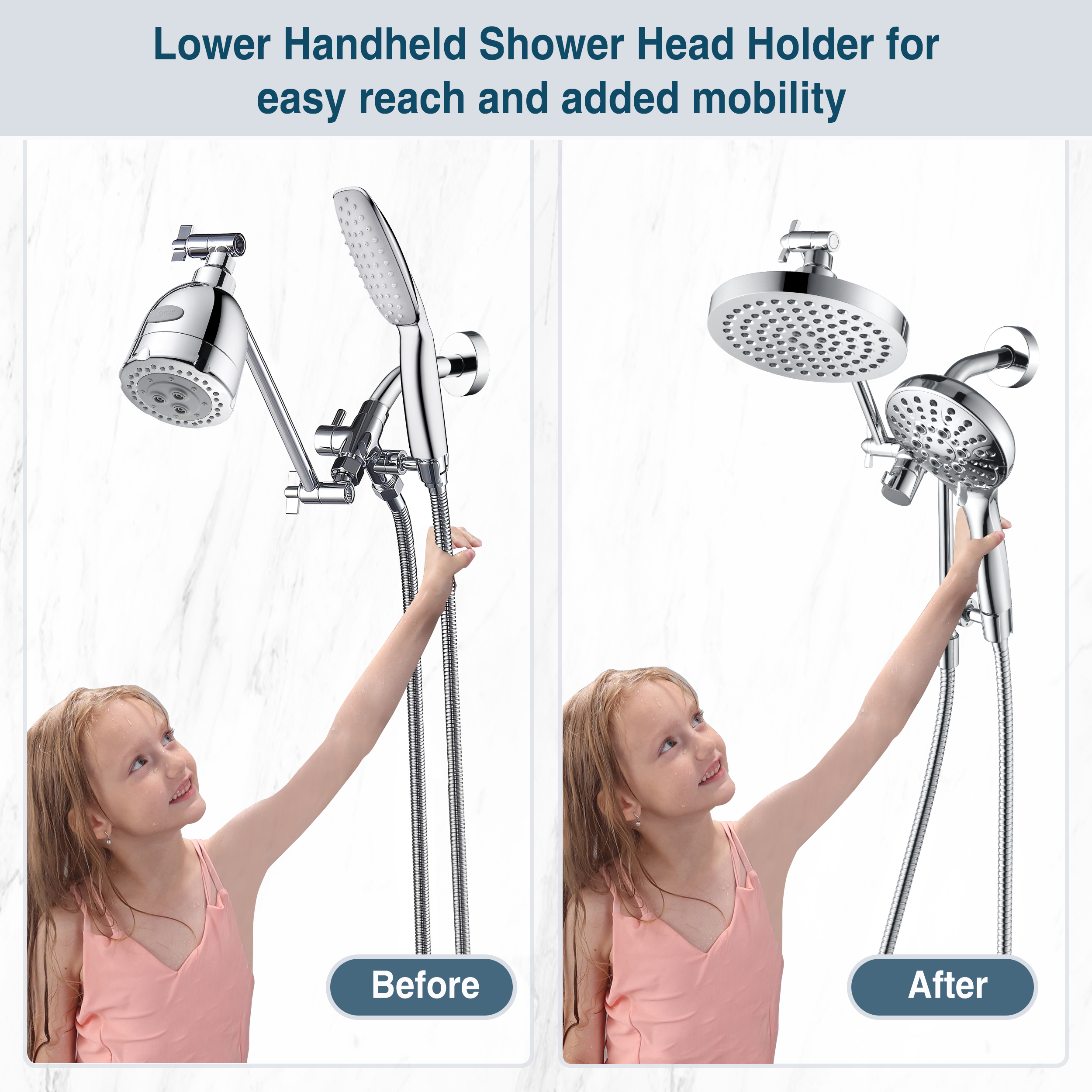 Dual Shower Head with Adjustable Extension Arm, 3-Way Diverter and Hose