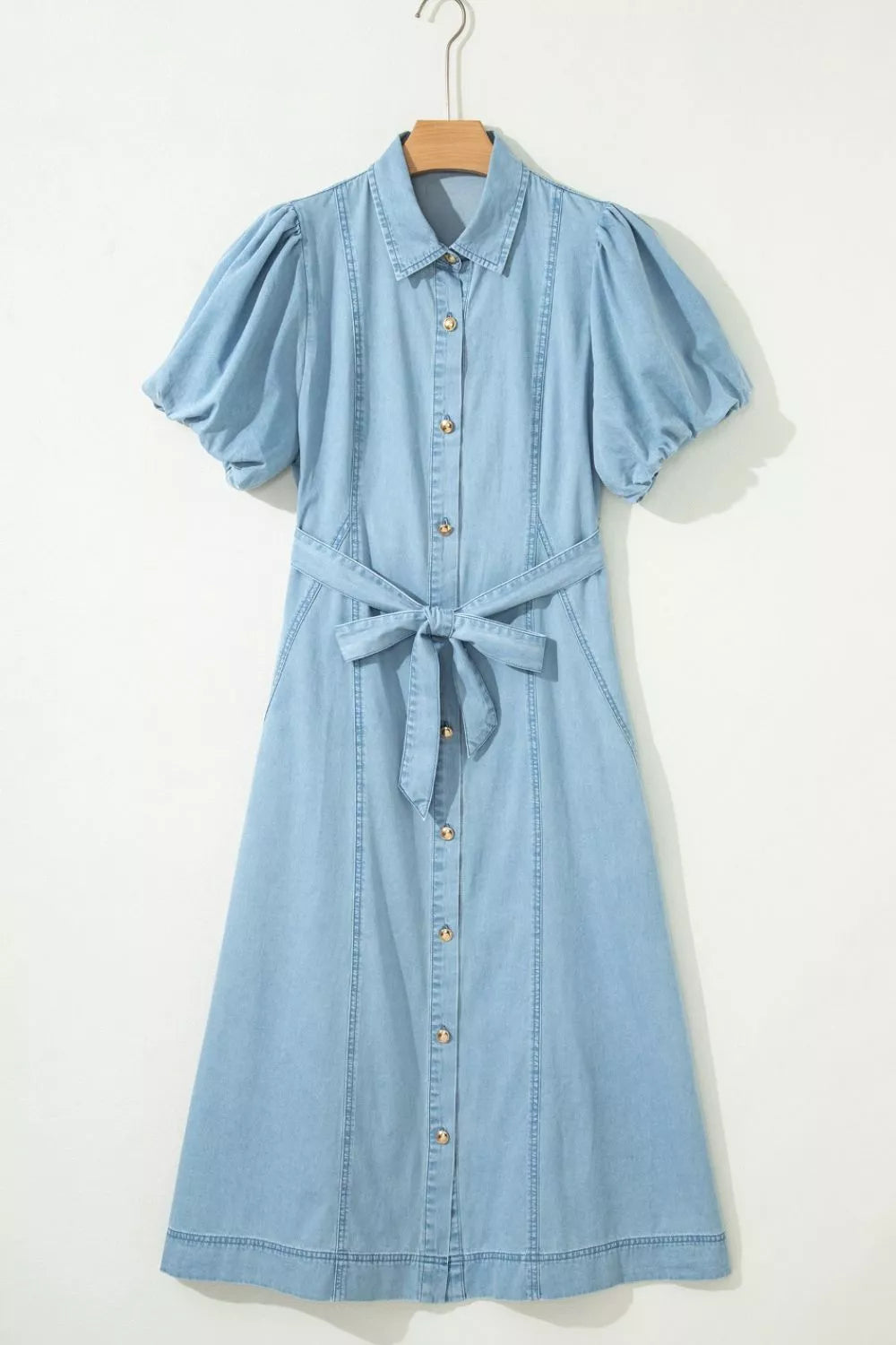 Full Buttons Collared Short Bubble Sleeve Long Denim Dress