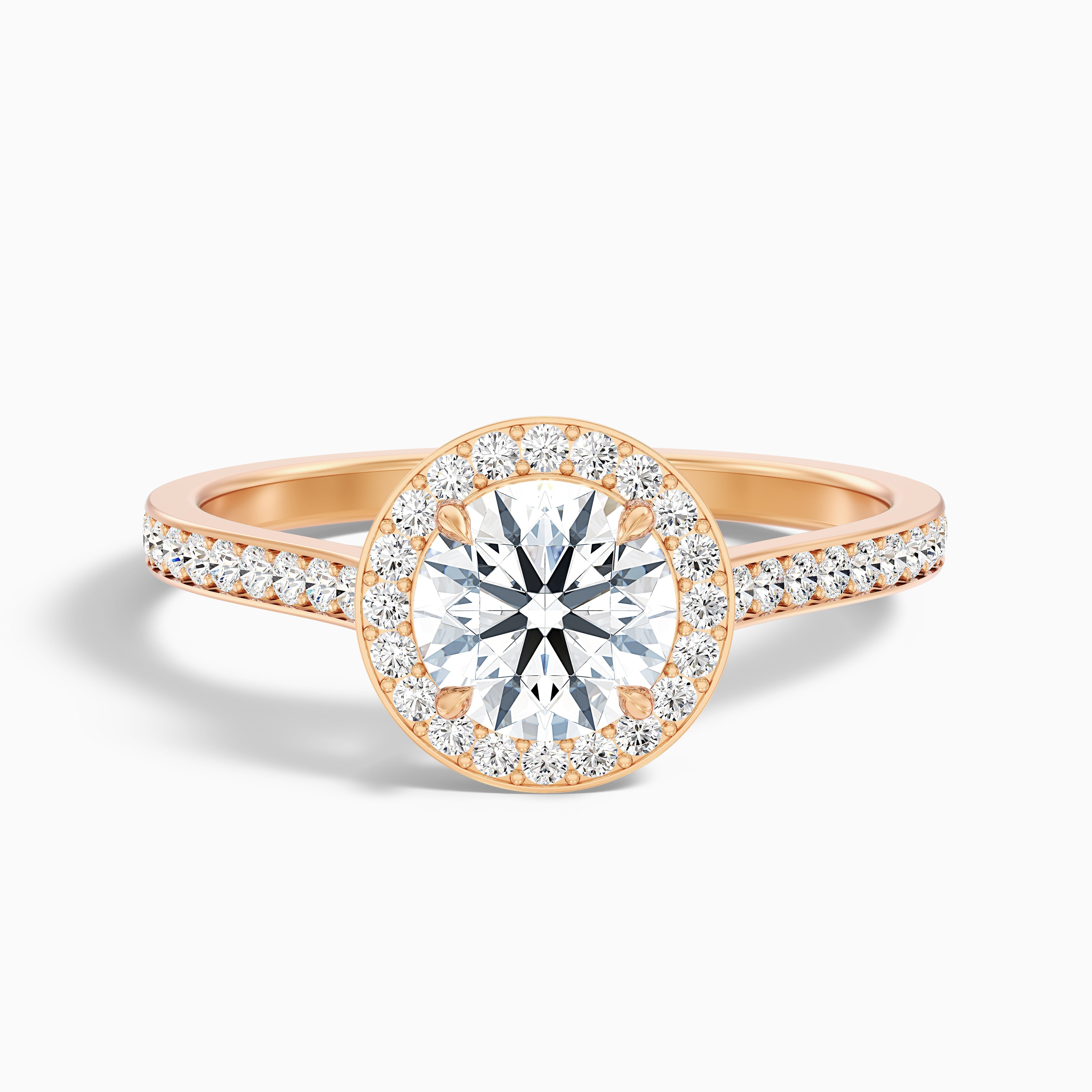Jessy 5 Carat Round Halo Pave Moissanite Engagement Ring in 18k Rose Gold