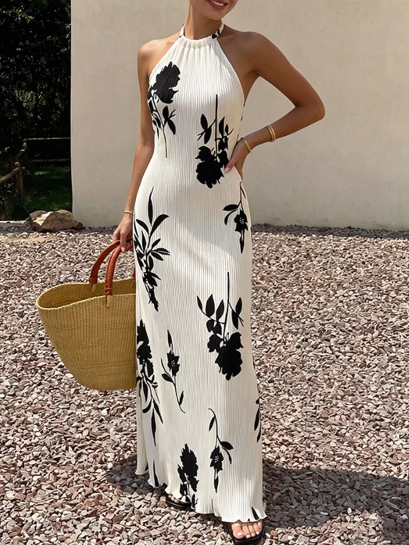 Floral Print Halter Neck Maxi Dress
