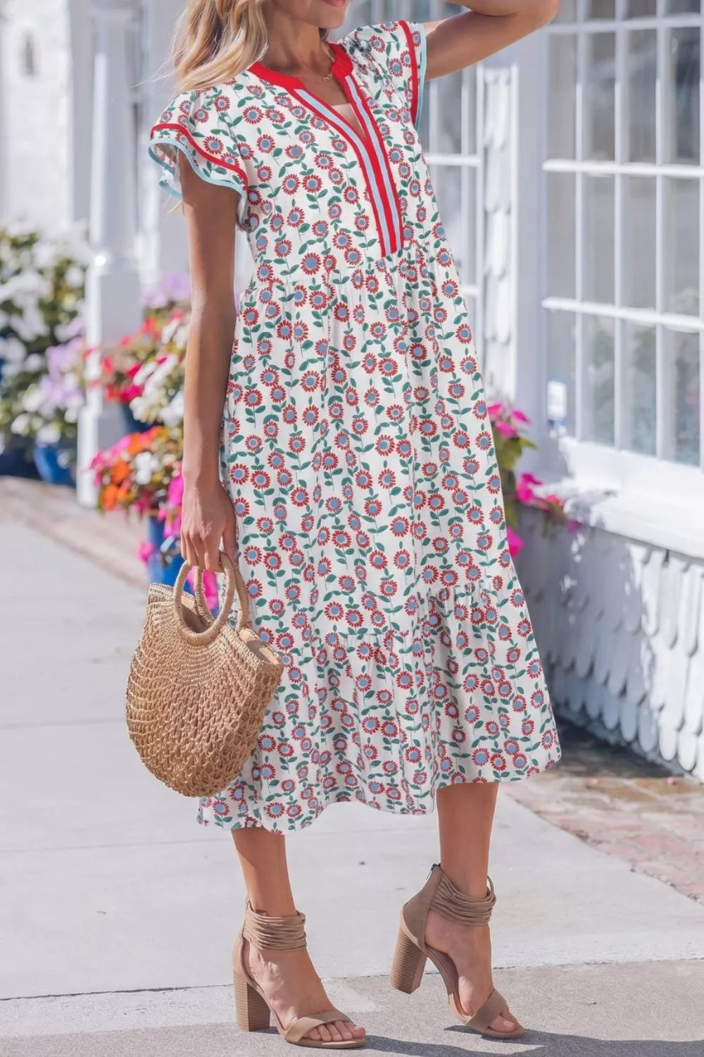Floral Print Ruffle Sleeve Tiered Midi Dress