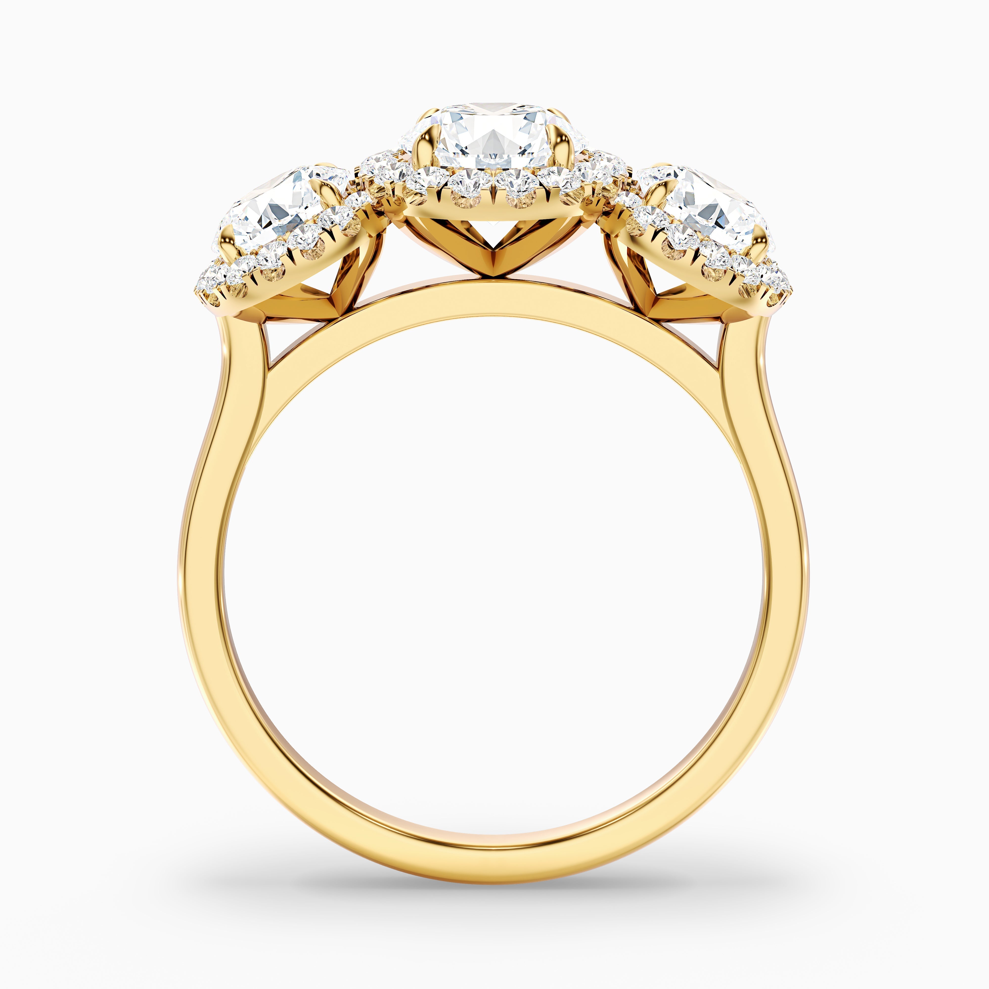 Emma 1.5 Carat Three Stone Round Halo Moissanite Engagement Ring in 18k Yellow Gold