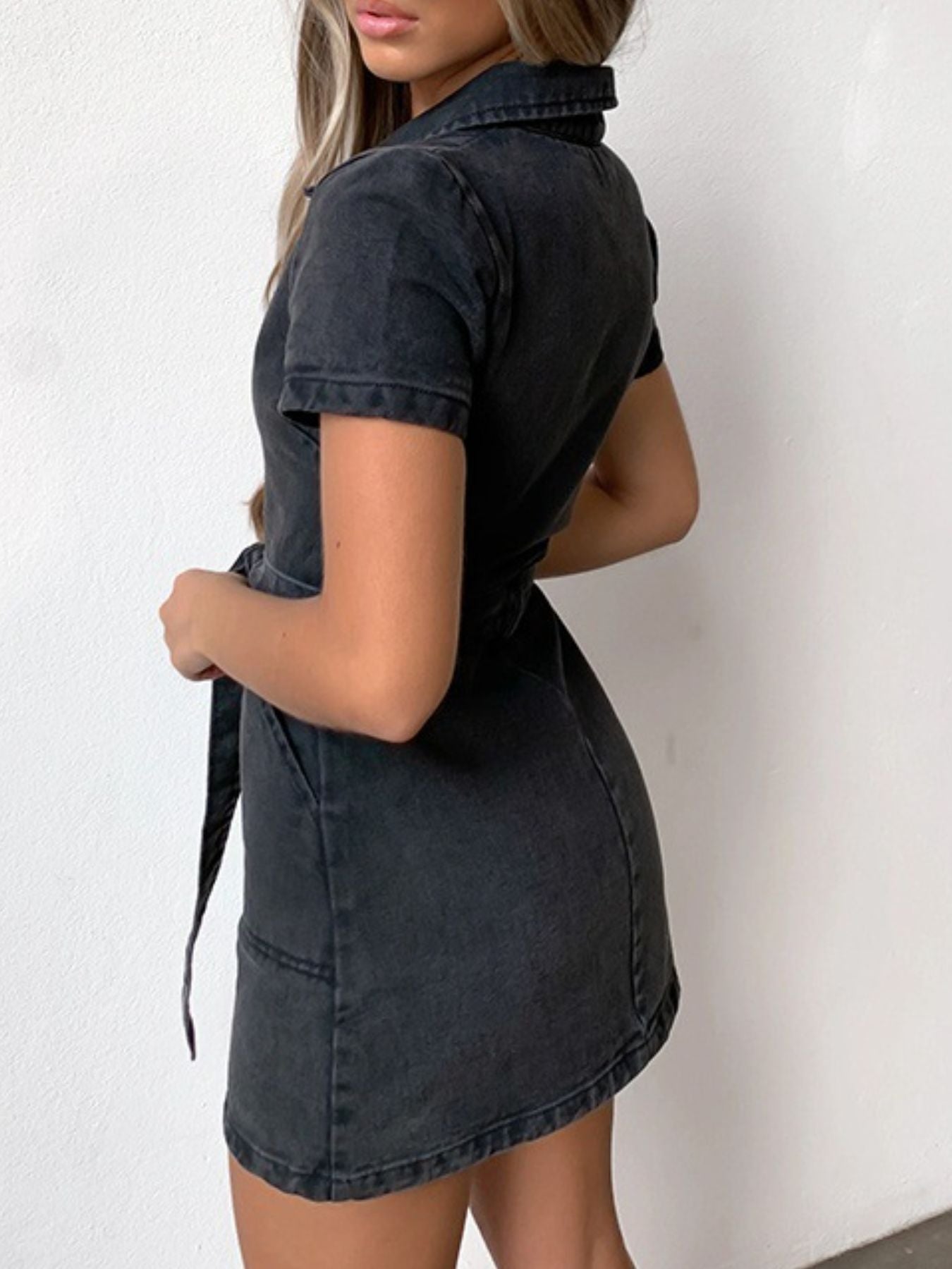 Zip Front Short Sleeve Denim Dress