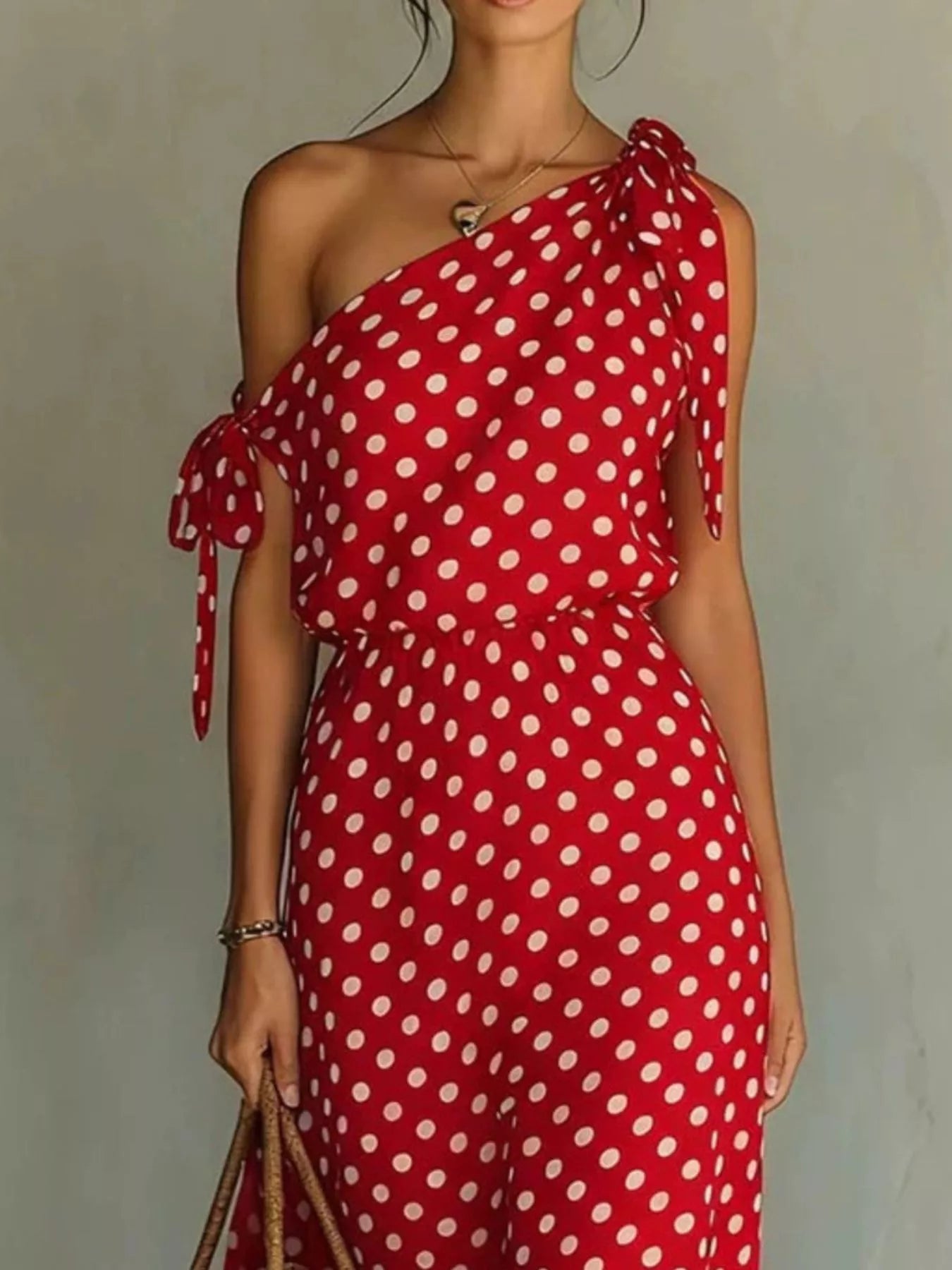 Full Size Polka Dot One-Shoulder Maxi Dress with Tie Details Plus Size