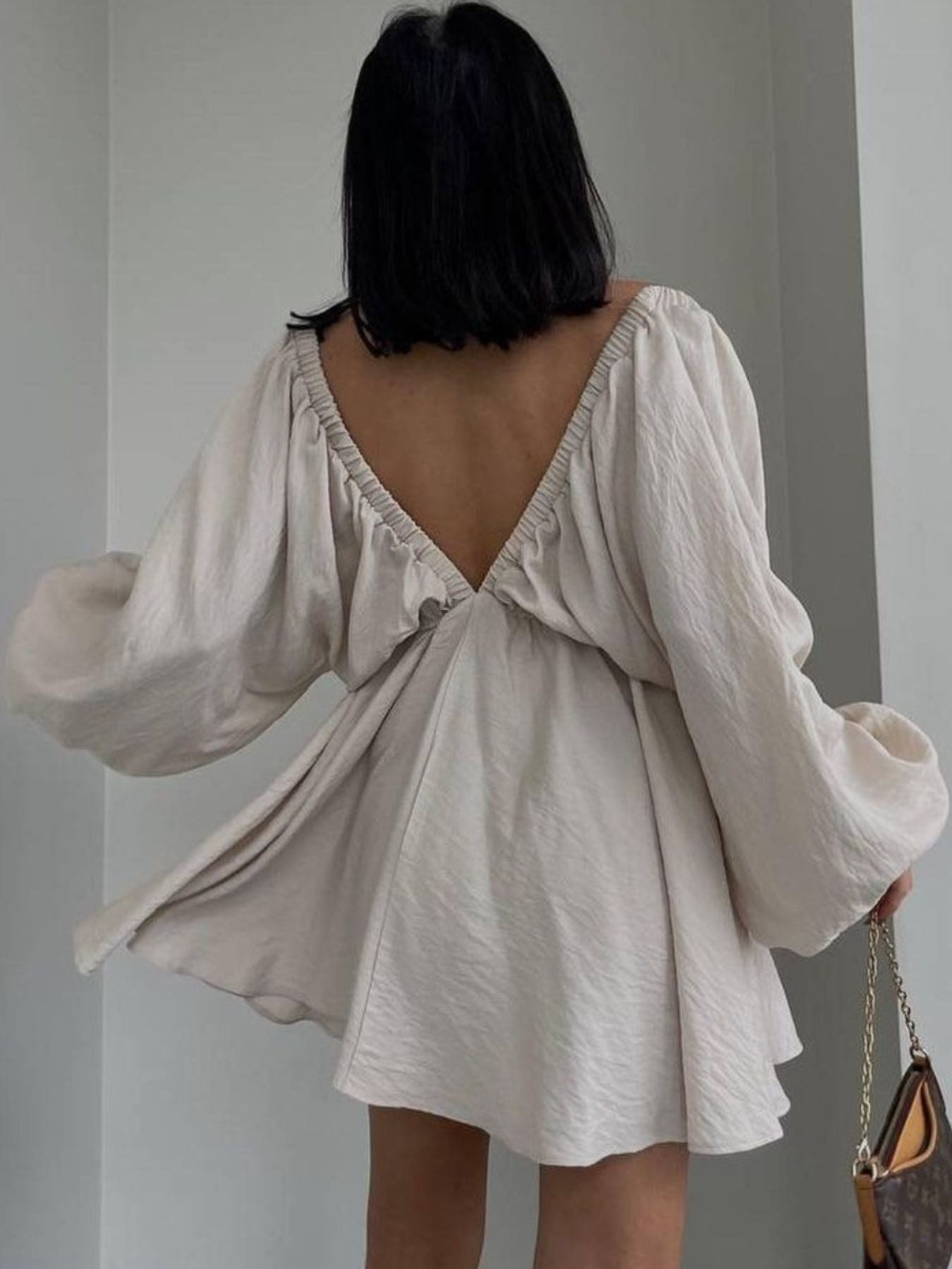 Deep V-Neck Balloon Sleeve Dress