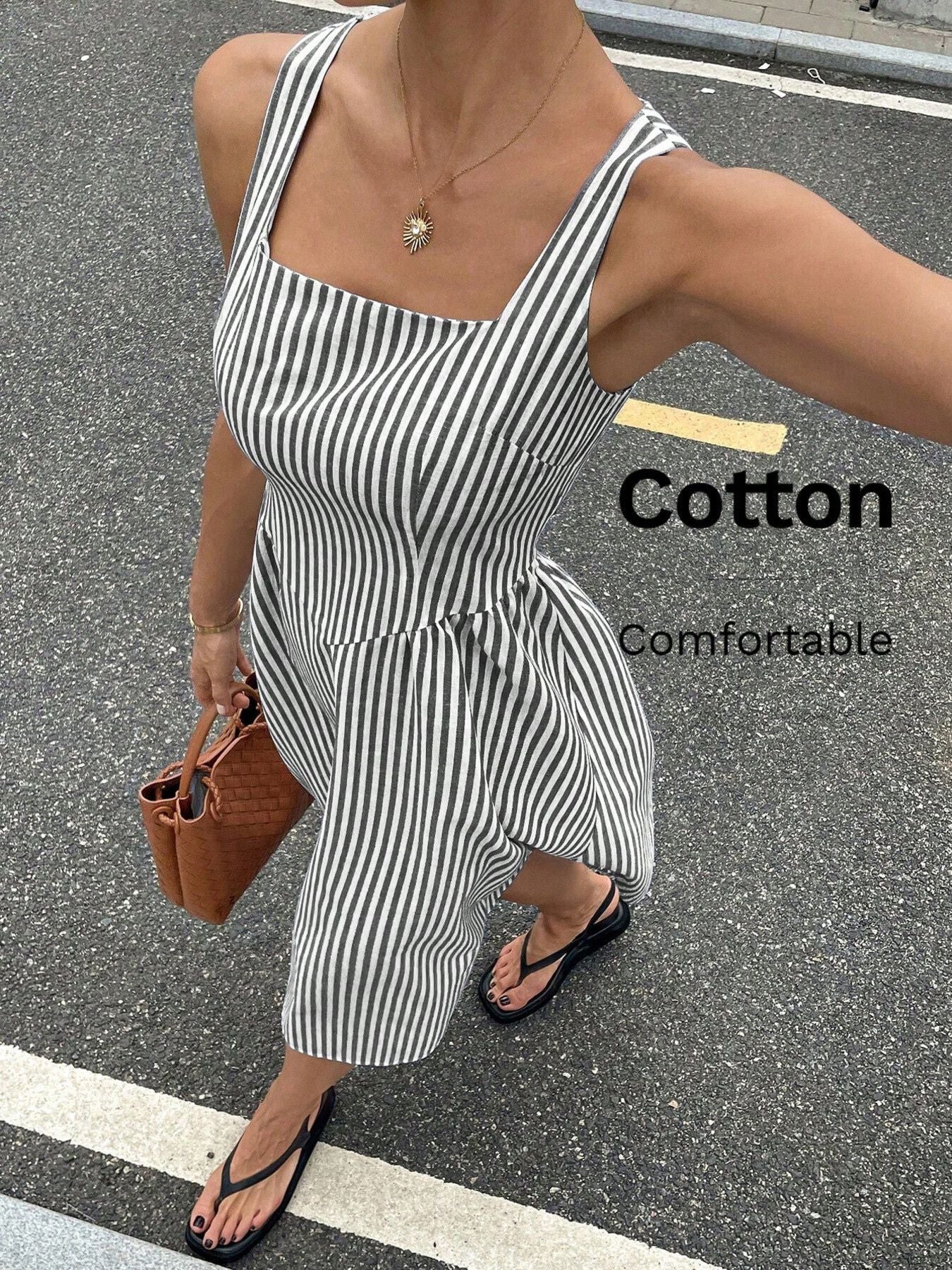 Striped Square Neck Midi Dress