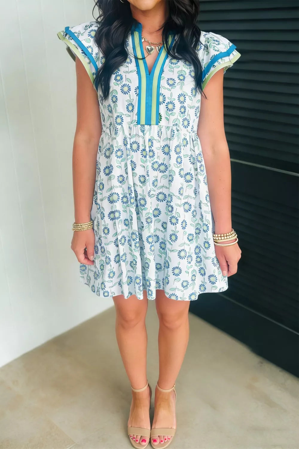 Printed Notched Cap Sleeve Dress