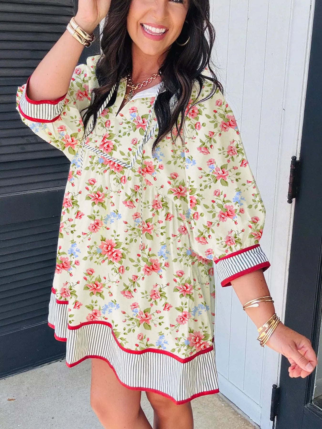 Striped Edge 3/4 Puff Sleeve Floral Dress
