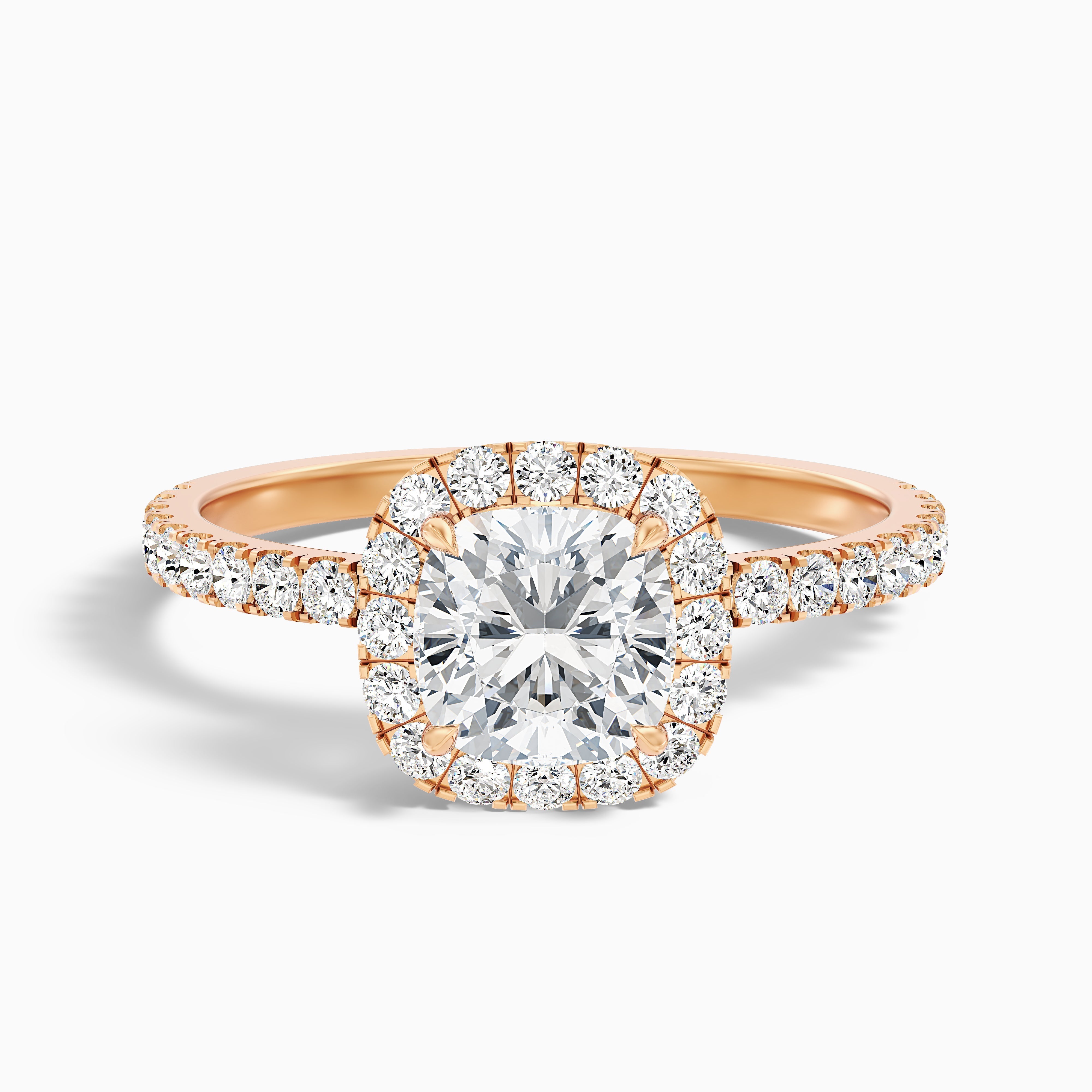 Gina 2.5 Carat Cushion Cut Halo Pave Moissanite Engagement Ring in 10k Rose Gold