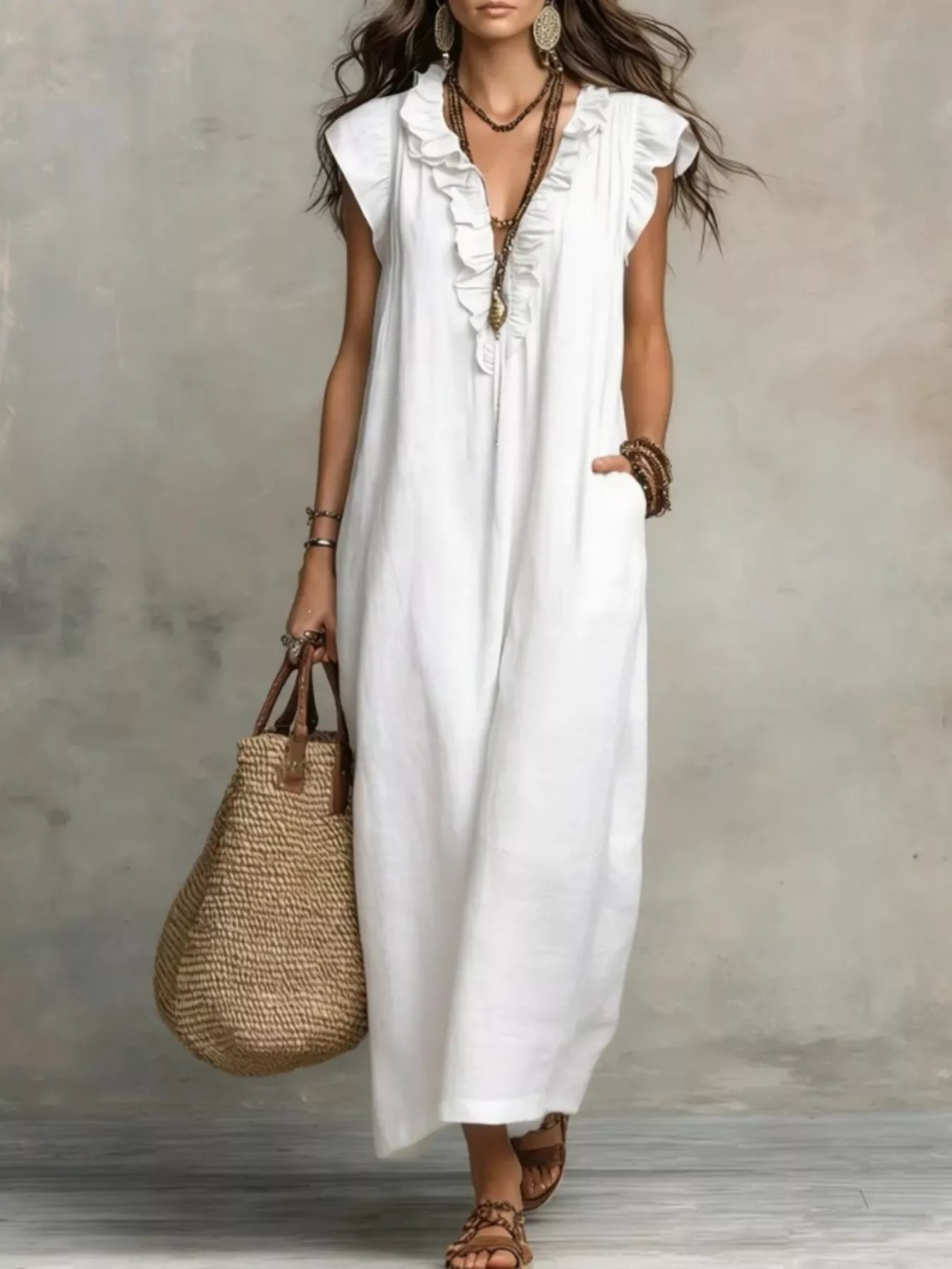 Ruffled V-Neck Maxi Dress