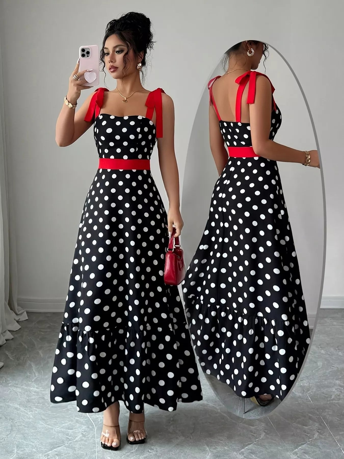 Polka Dot Tie Strap Maxi Dress